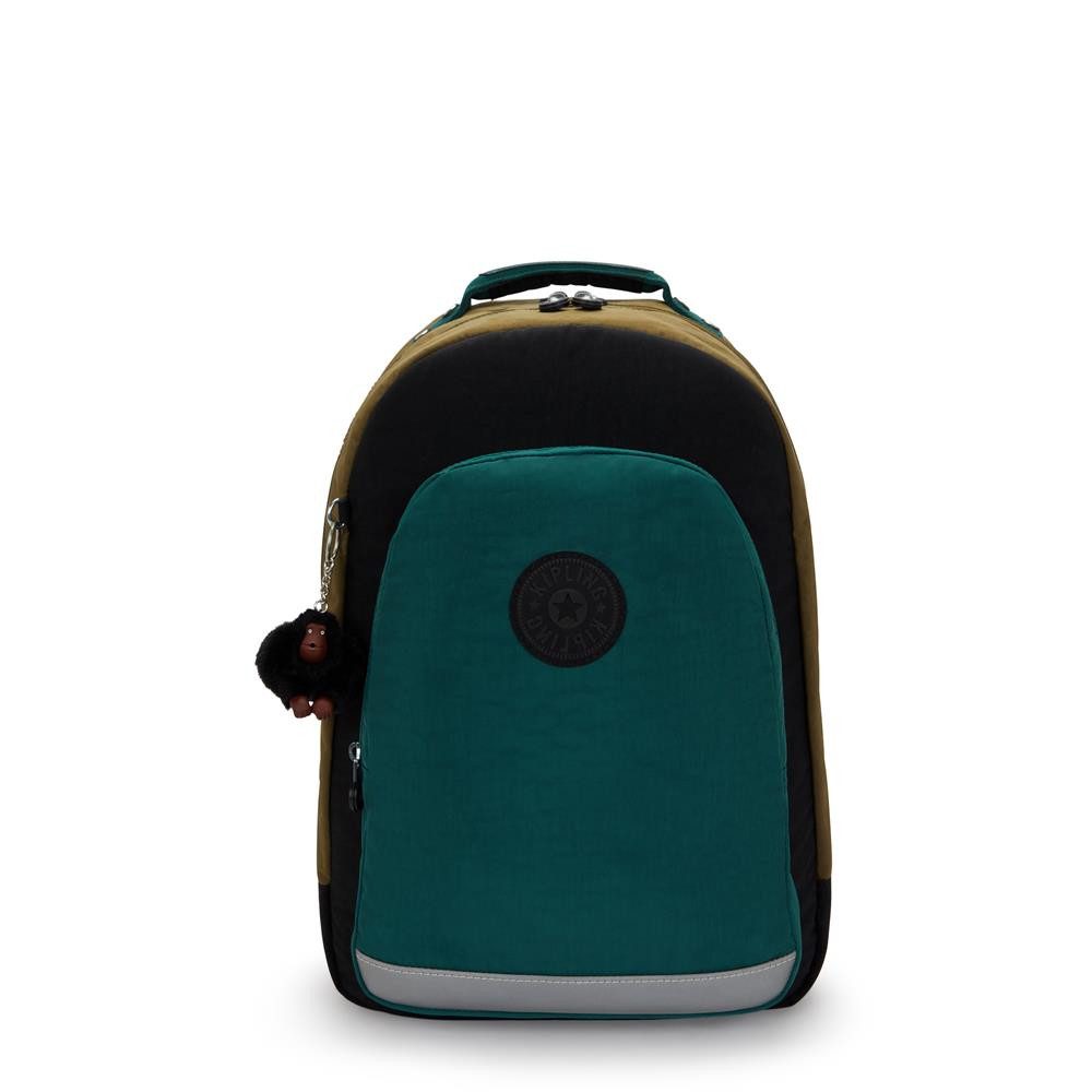 KIPLING Schulrucksack CLASS ROOM, 28L, Großer Schulranzen, 15-Zoll-Laptopfach, Black Khaki Block (grün)