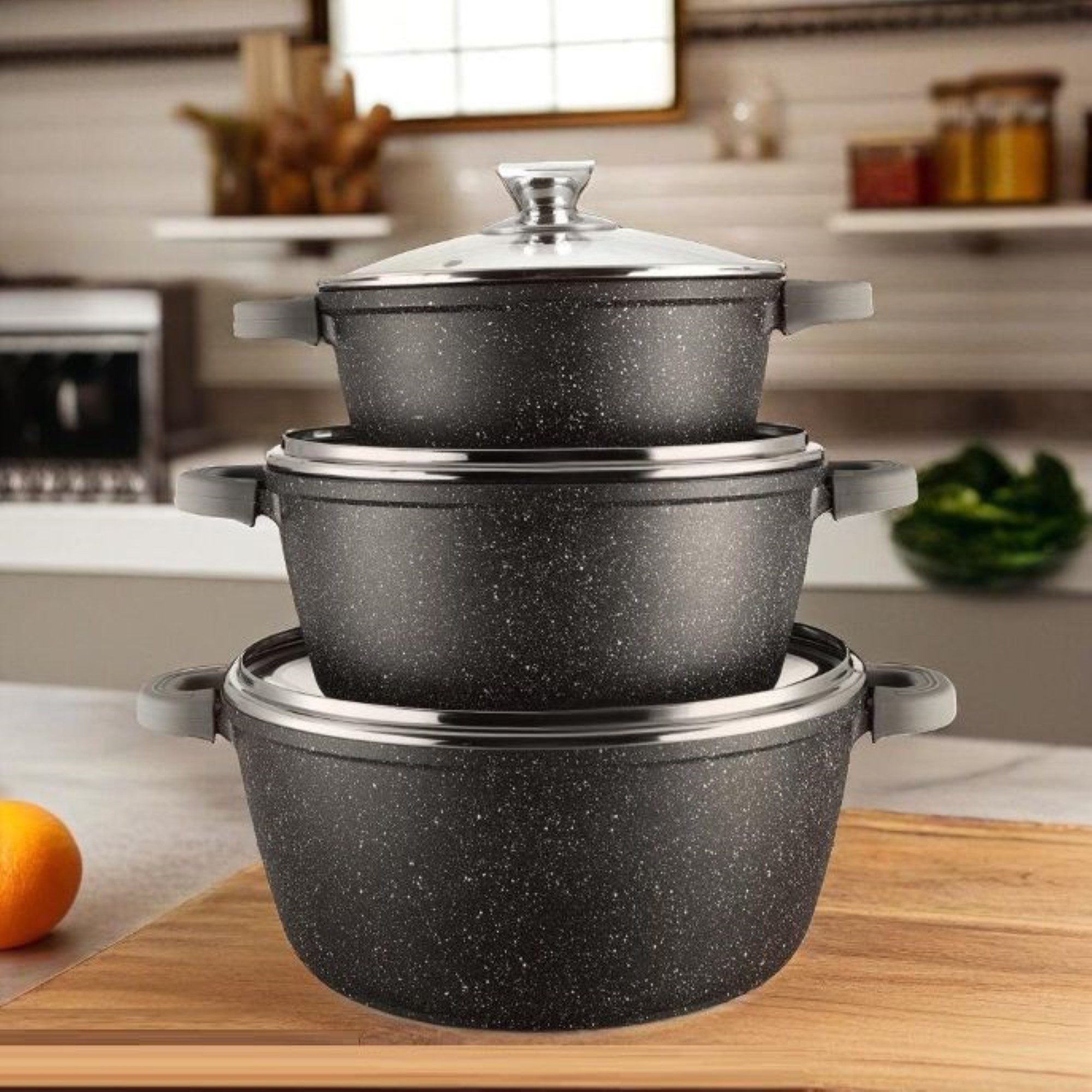 Cheffinger Kochtopf 6-tlg Kochtopfset mit Deckel ø36cm/ø40cm/ø44cm für alle Herdarten, Aluminium, 18/10-Stahl, Glas, Marmor, Antihaft – Bild 5 von 5