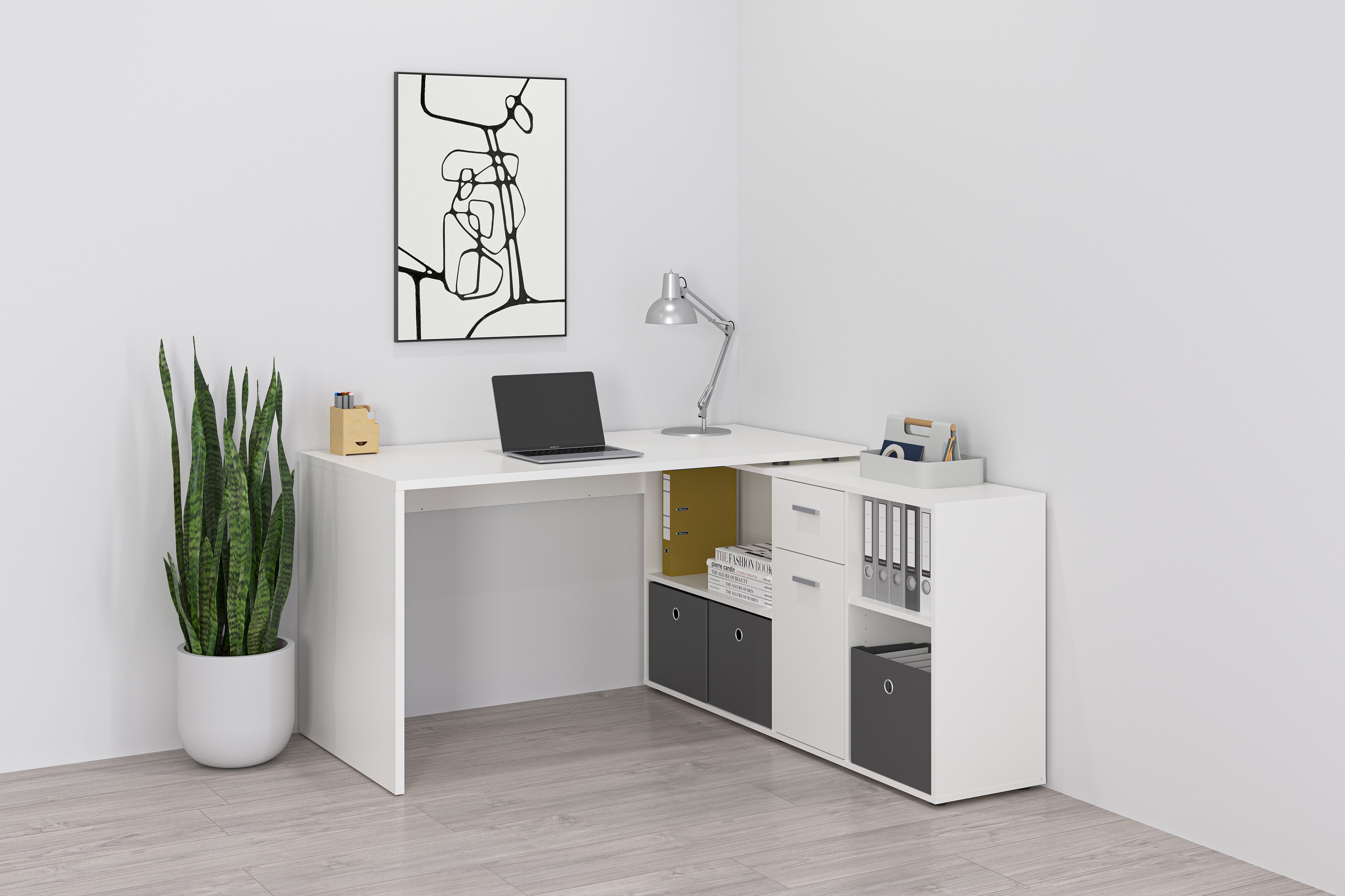 FMD Eckschreibtisch Lexo, Schreibtisch/Sideboard viel Stauraum, beidseitig montierb., 136/205 cm