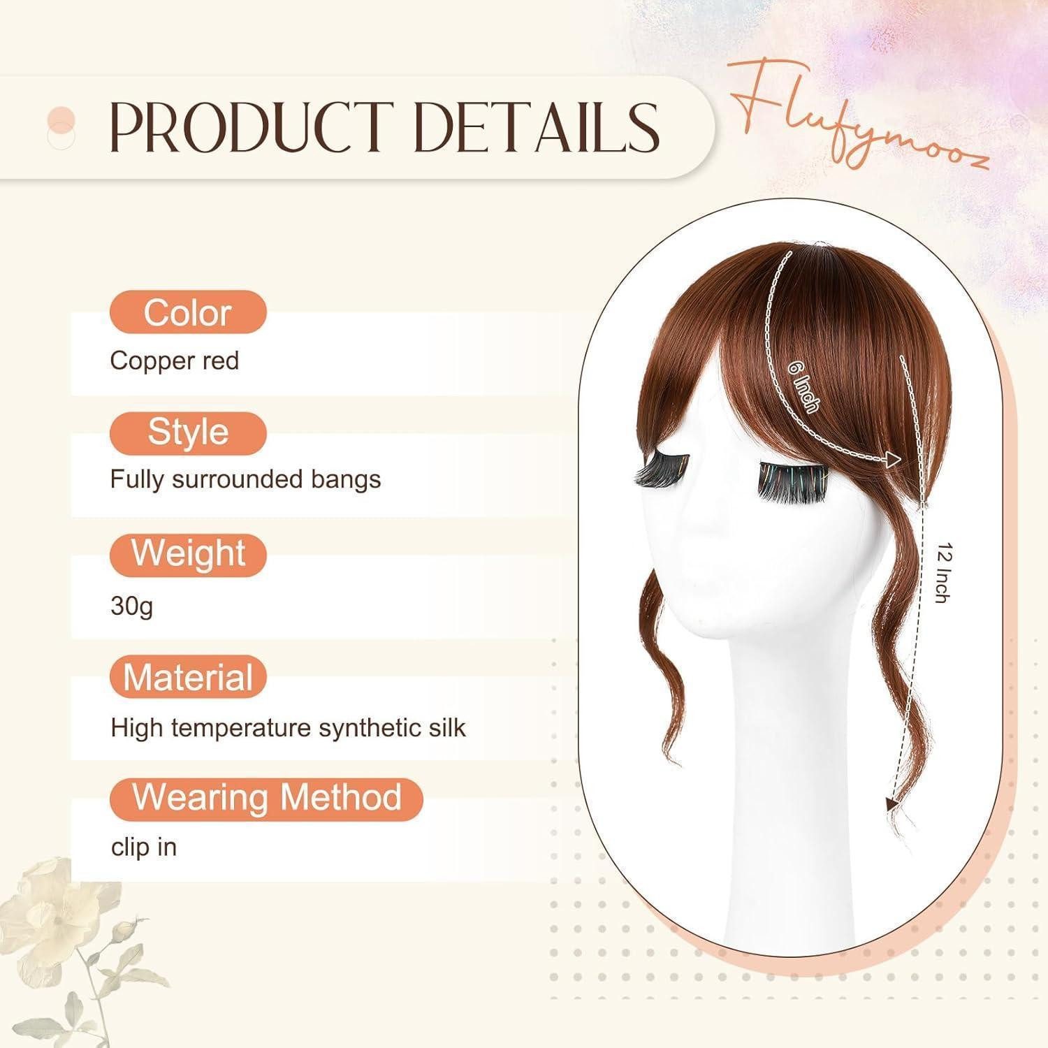 LuxusKollektion Kunsthaar-Extension Haarteile Clip in Bangs Pony Schläfenpartie Frauen 30 CM Kupferrot