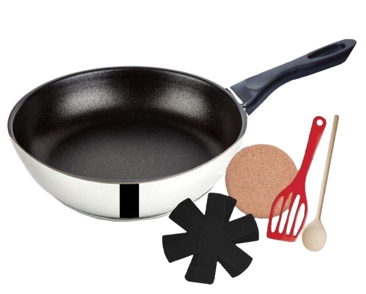 Induktion für Holzlöffel), 1 1 Bratpfannenset 1 Pfannenset Antihaft (Set, Kochpfanne 1 alle Untersetzer Induktionsherd 5-tlg., Wok Edelstahl Pfanne Pfannenwender KESSMANN Edelstahl Wok Inkl 5tlg Wokpfanne + Herdarten, + + cm Pfannenschutz Asia 28