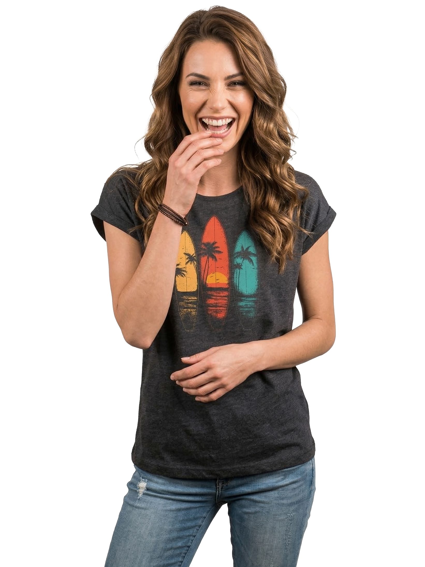 MAKAYA T-Shirt Vintage Damen T-Shirt mit Surfbrett-Print, Retro Surf-Motiv (Schwarz, Blau, Dunkelgrau, 34, 36, 38, 40, 42, 44, 46, 48, 50) Baumwolle