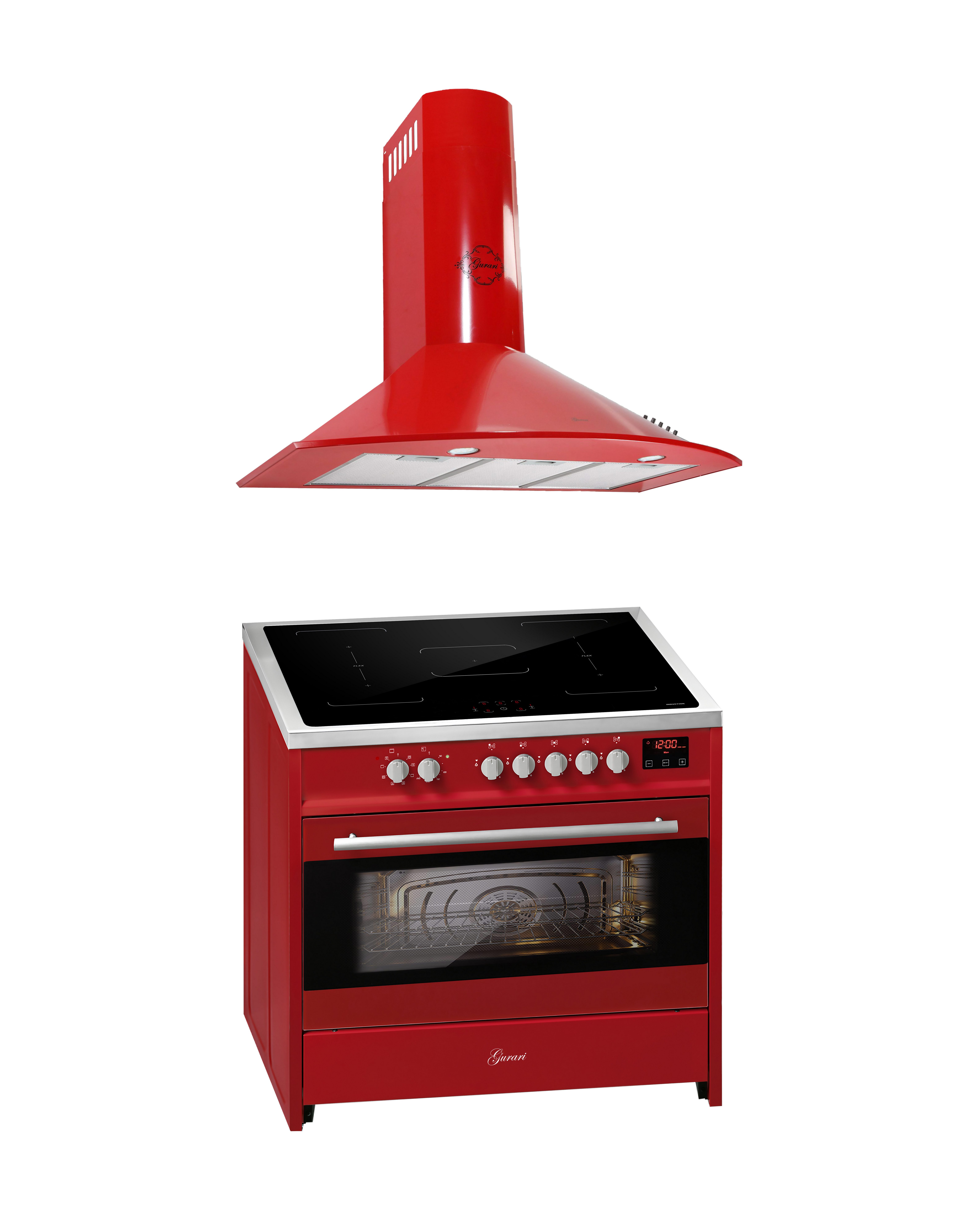 GURARI Induktions Herd-Set E 913 R+GCH 046 RD 9, mit 1-fach-Teleskopauszug, Range Cooker 90 cm/ Elektro Standherd +Dunstabzugshaube 90 cm