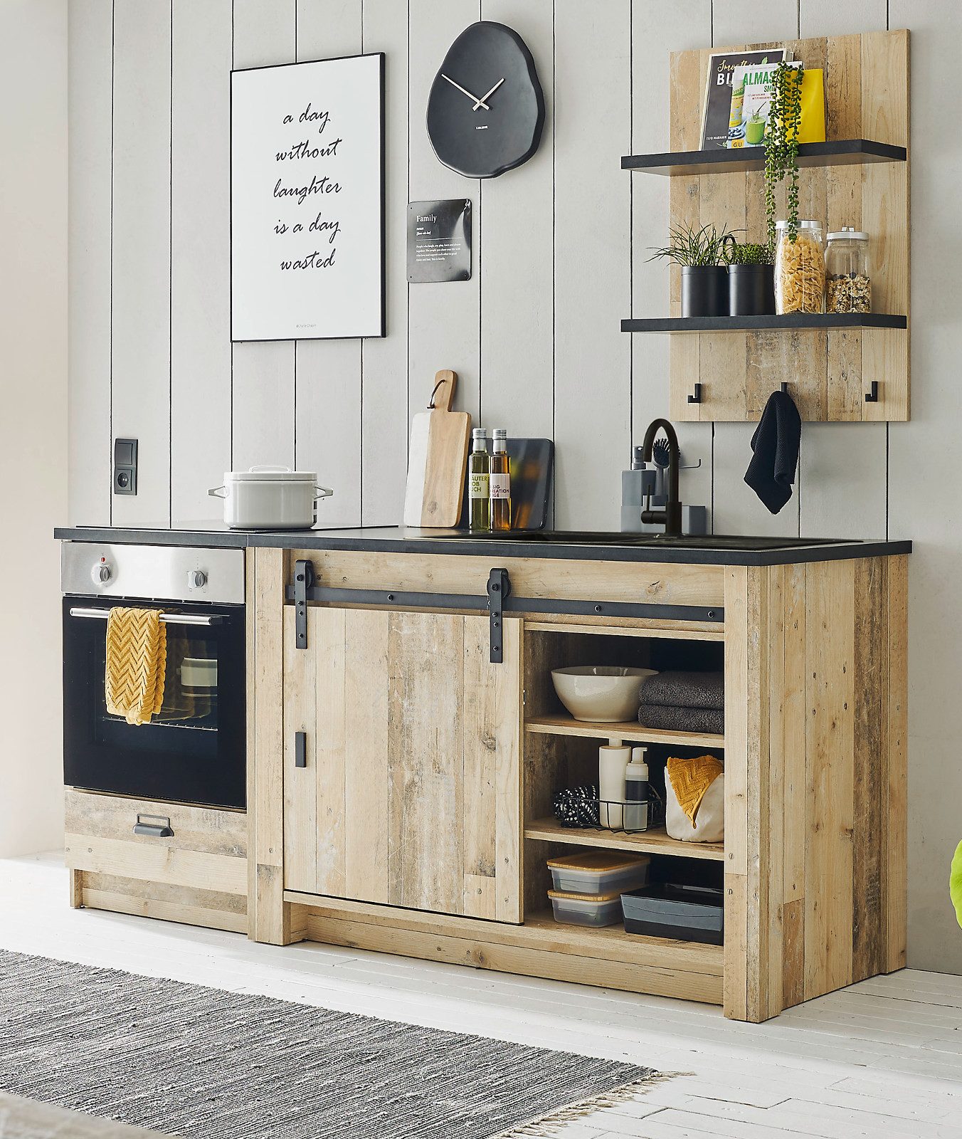 Furn.Design Küchenzeile Stove, (Schrank-Set in Used Wood / Altholz Dekor), Schiebetür mit Scheunentor-Technik