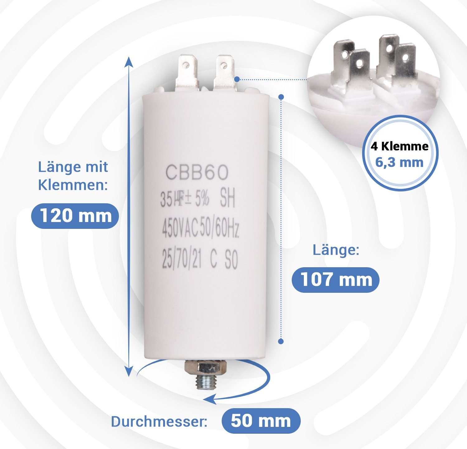 VIOKS Montagezubehör Kondensator 35,00µF Befestigungsschraube Steckfahnen und mit CBB60 450V, für Hausgeräte