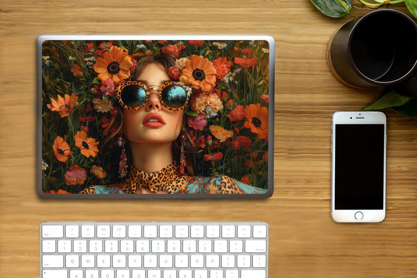 Thumbnail - MuchoWow Laptop-Aufkleber Frauen - Blumen - Modern - Brille - Abstrakt, (1tlg), Laptop Folien Cover, Aufkleber, Sticker,...