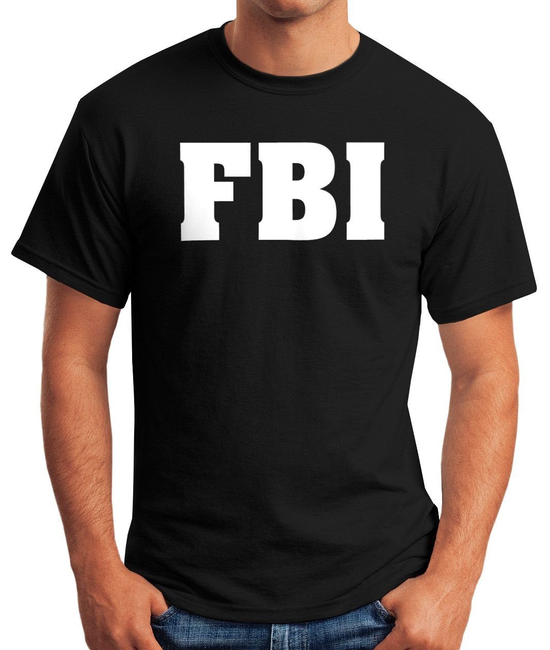 Fun-Shirt Verkleidung Moonworks® mit Kostüm Print Print-Shirt MoonWorks Karneval Faschings-Shirt T-Shirt Herren FBI Aufdruck