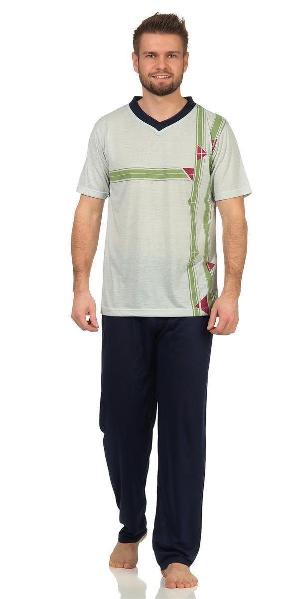 EloModa Pyjama Herren Sommer Pyjama Lange Schlafhose V- T-shirt; M L XL 2XL (2 tlg) Grün