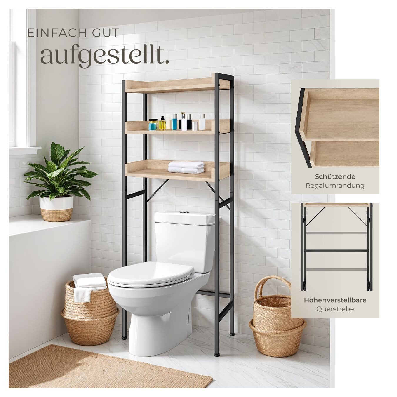 tectake Badregal Badezimmerregal, inklusive Kippschutz, ausgestattet mit 3 Ablagen, Duschablage Seattle 1-tlg., Industrial Style, Holz und Stahl, höhenverstellb – Bild 5 von 5