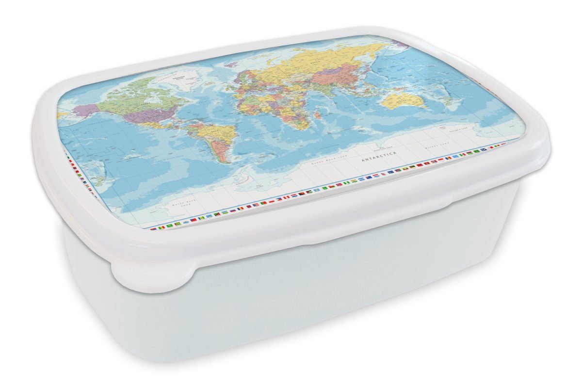 MuchoWow Lunchbox Weltkarte - Flagge - Politik, Kunststoff, (2-tlg), Brotbox für Kinder und Erwachsene, Brotdose, für Jungs und Mädchen weiß