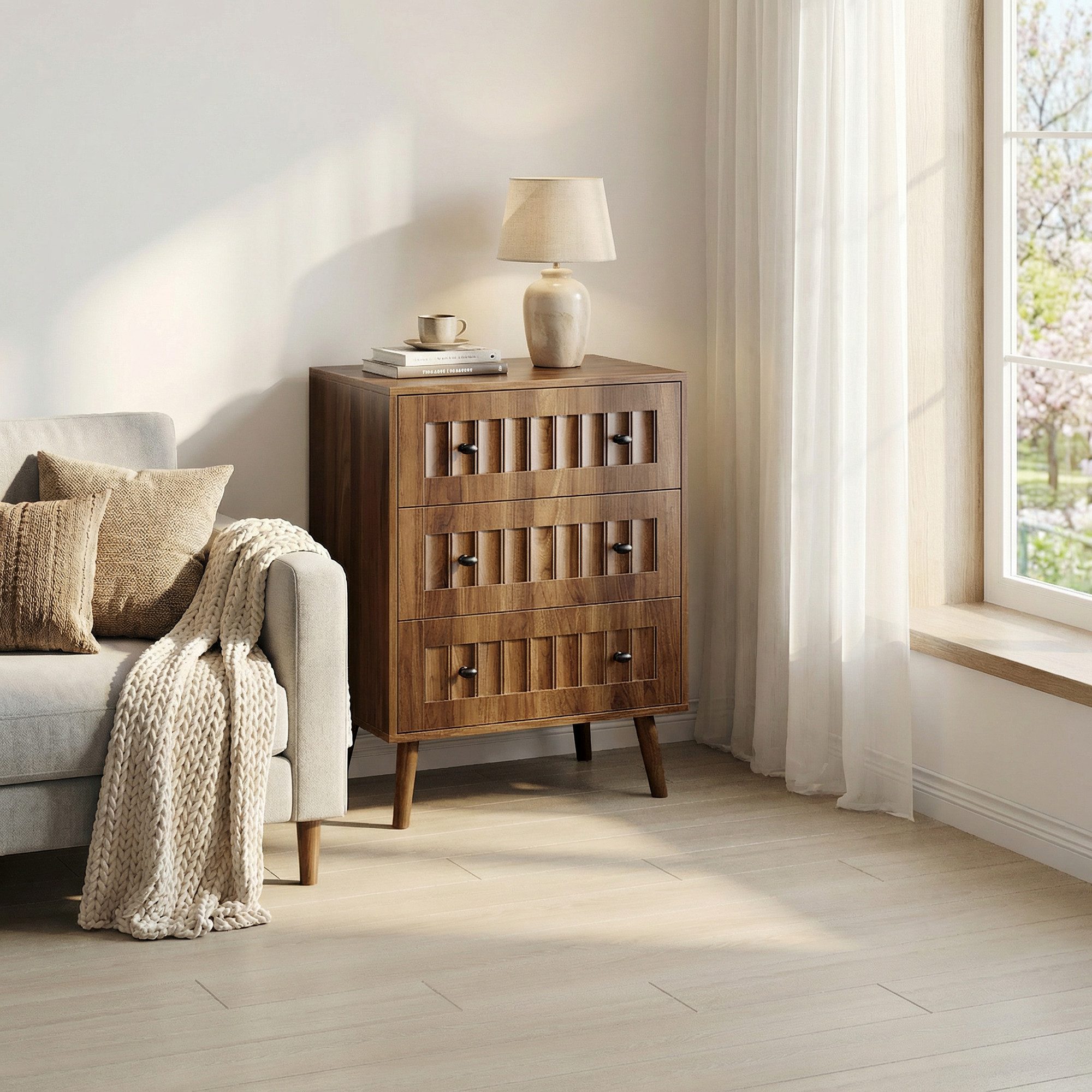 MODFU Kommode Schminktisch (im modernen Stil mit 3 Schubladen, Holz-Aufbewahrungsschrank für Wohnzimmer, Schlafzimmer und Flur in Walnussoptik, 1 St., 60 x 40 x 79 cm)