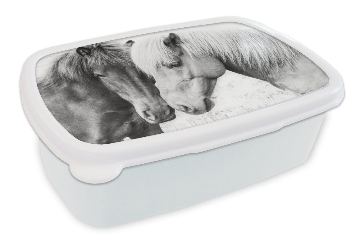 MuchoWow Lunchbox Pferde - Tiere - Schwarz und weiß - Natur, Kunststoff, (2-tlg), Brotbox für Kinder und Erwachsene, Brotdose, für Jungs und Mädchen