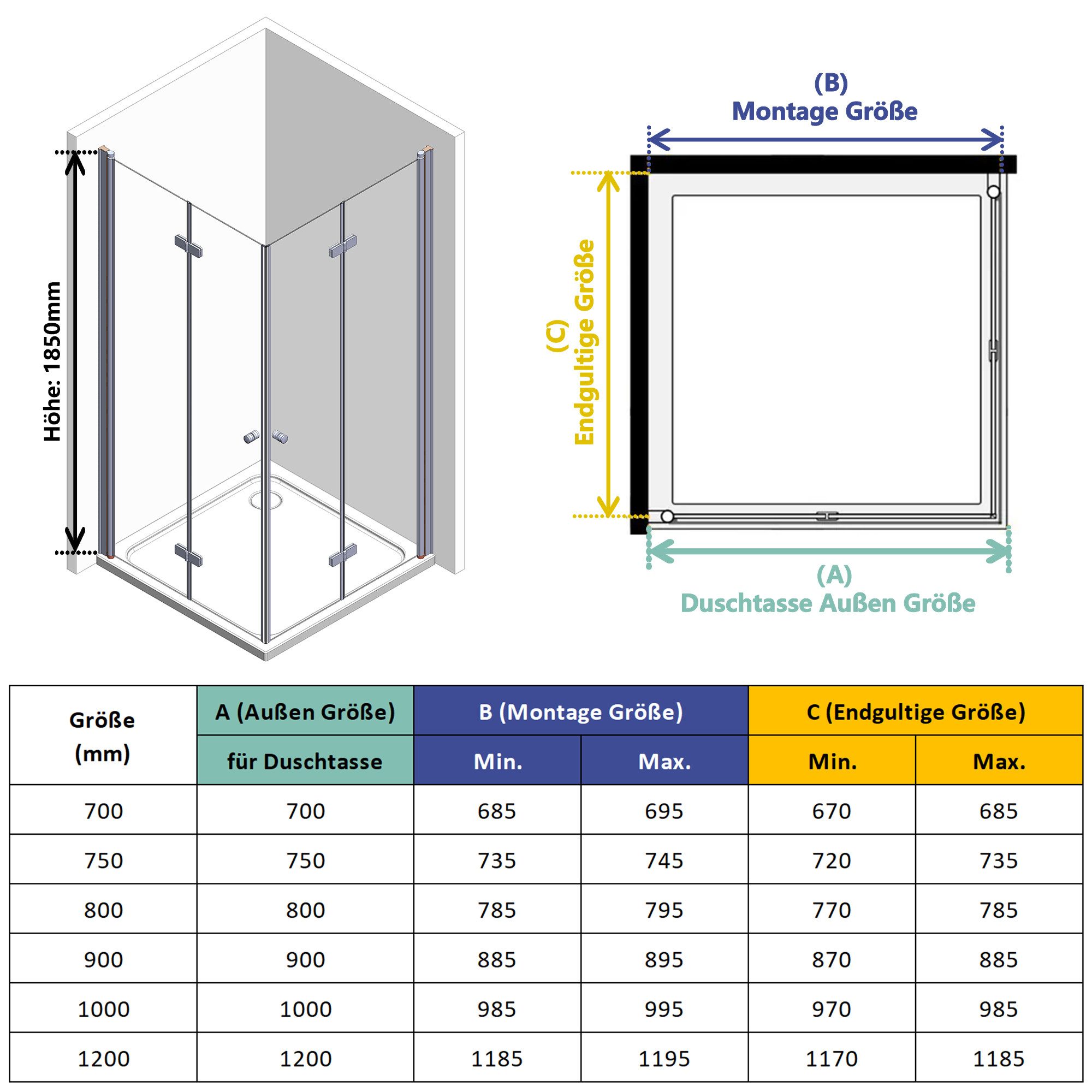 IMPTS Eckdusche Duschkabine Faltbar Falttürkabine, BxT: 70x70 cm, Sicherheitsglas, Duschkabine Eckeinstieg Duschabtrennung, 180º doppelt Falttüren, doppelt Falt – Bild 4 von 5