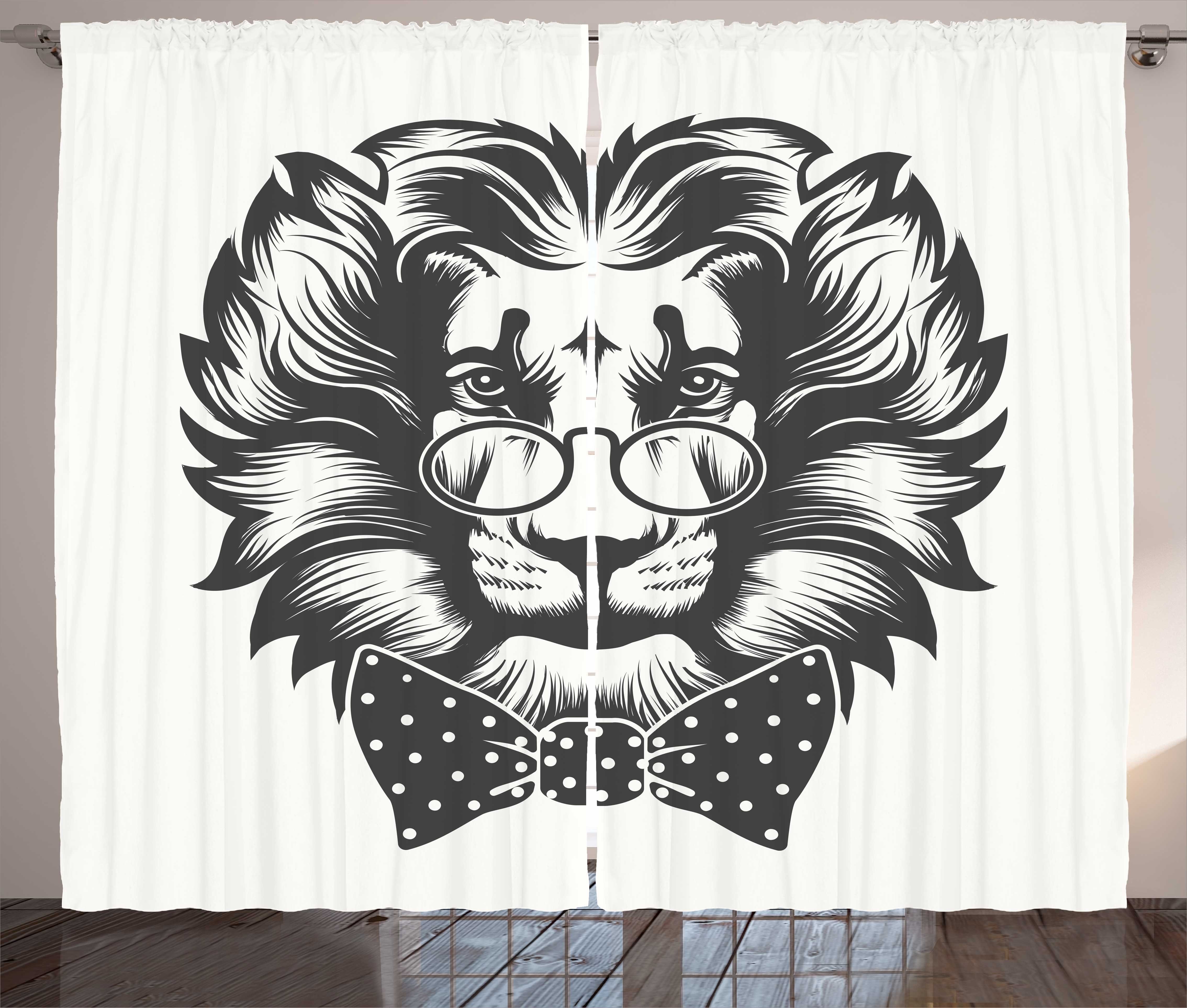 Gardine Schlafzimmer Kräuselband Vorhang mit Schlaufen und Haken, Abakuhaus, Löwe Bold und Detail Lion Zeichnung