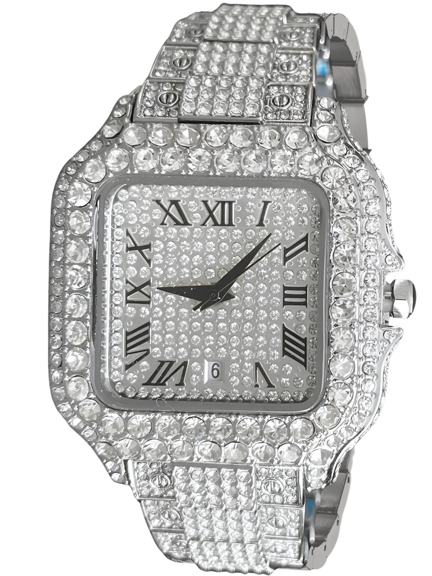 S&T Design Quarzuhr Iced Out Uhr Armbanduhr Herrenuhr Römische Ziffern, (Armbandkürzer, inkl. Lederuhrenbox), Datum, Ice, Quadratisch, Edelstahl, Diamantzirkonia, Wasserdicht 3Bar