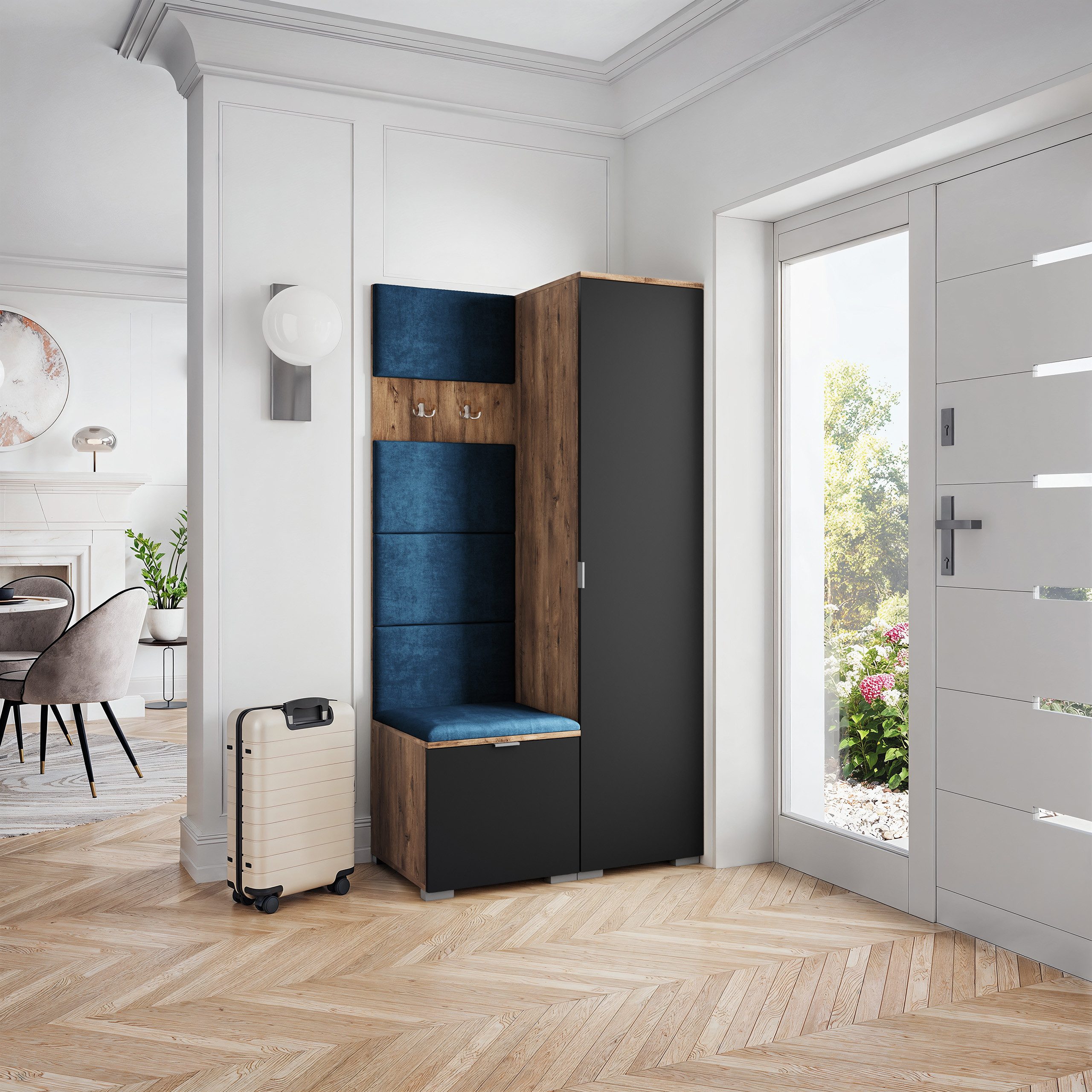 Masseno Garderobenschrank LORI 95 x 181 cm Flurmöbel Garderoben-Set mit 1 Türen Eiche Lefkas