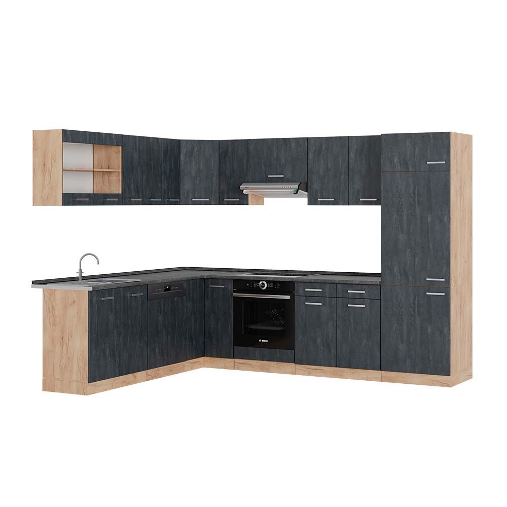 Vicco Winkelküche R-Line, Schwarz Beton/Goldkraft Eiche, 287 x 227 cm AP Anthrazit