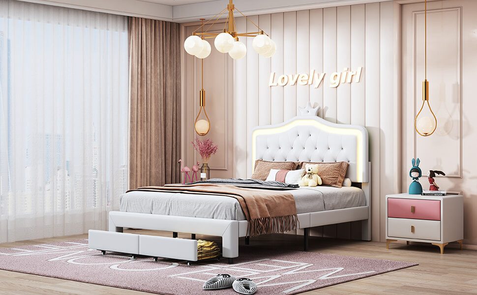 Furnishings Home Polsterbett Doppelbett mit Schubladen + LED-Licht (Set, Bett), Hausbett, mit Schubladen, mit LED-Licht