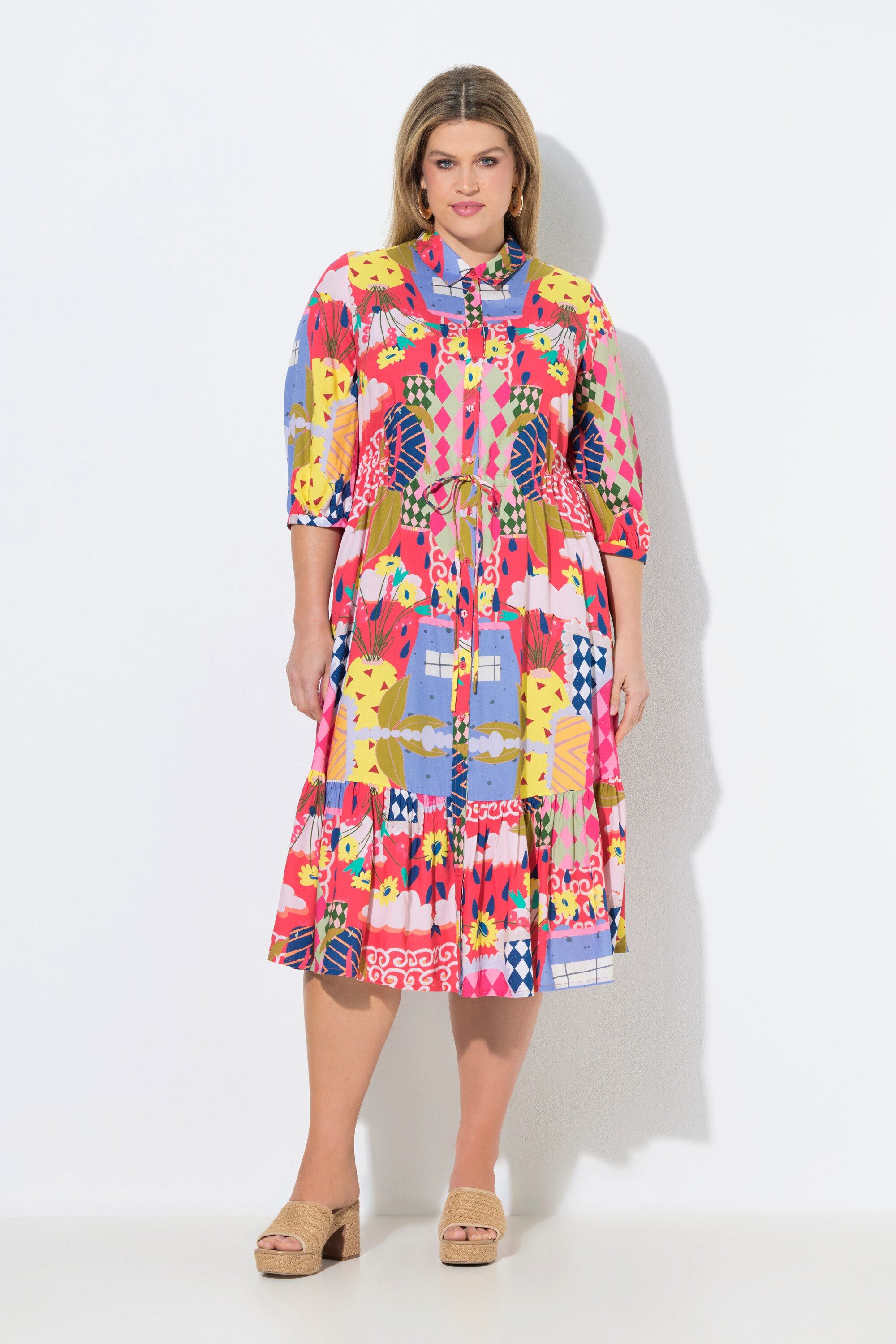 Ulla Popken Hemdblusenkleid Midikleid Holiday-Motiv Hemdkragen 3/4-Arm