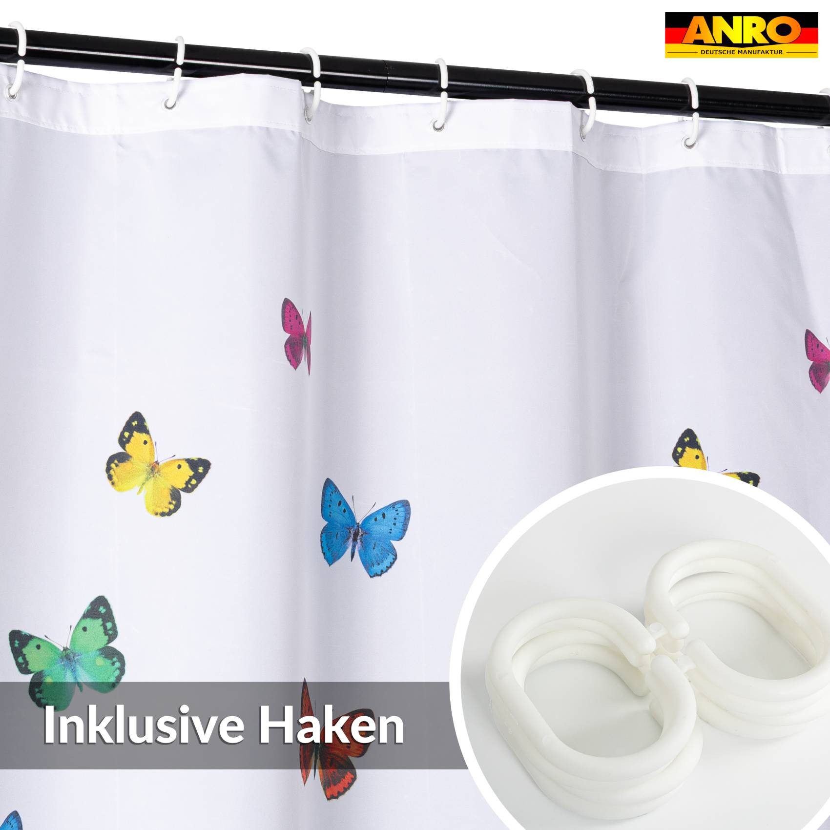 ANRO Duschvorhang FASTY Schmetterlinge Anti-Schimmel Polyester Badewanne Vorhang Breite 120 cm (Packung, 1-tlg., Duschvorhang inkl. Aufhängeringe), robuster Vorhang Stangenaufhängung 120x200cm Frühlingsdesign Bunt