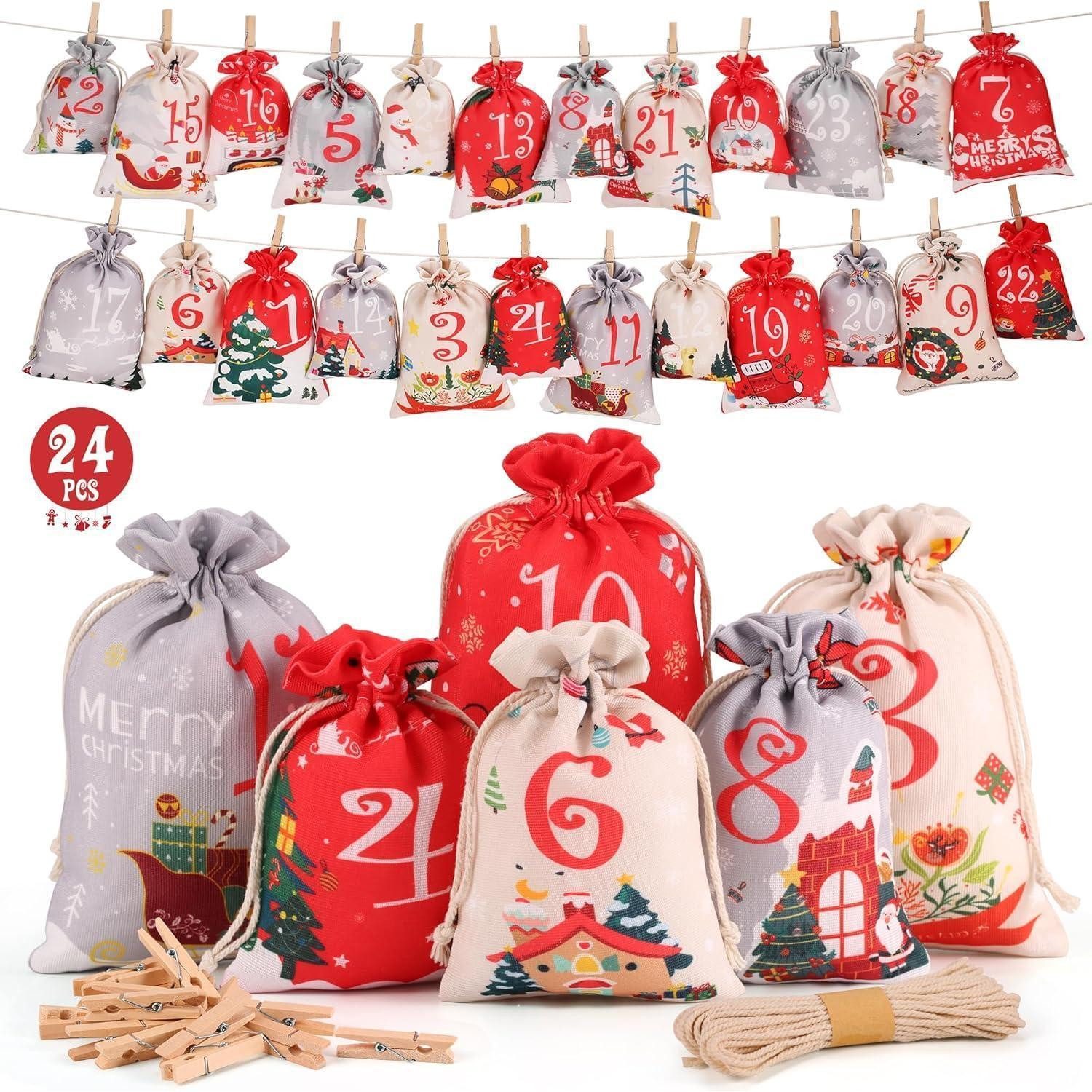 LuxusKollektion DIY-Adventskalender Adventskalender 2024 DIY Set 24 Stoffbeutel Holzklammern Hanfseil Rot