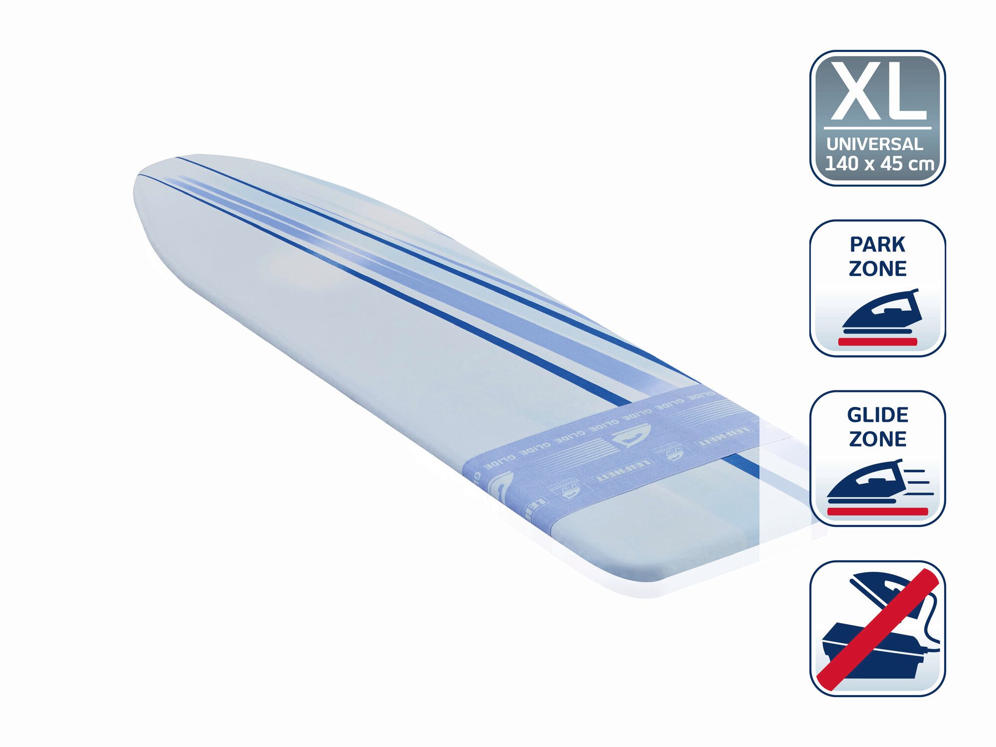 Leifheit Ersatz-Bügelbrettbezug Bügeltischbezug Thermo Reflect Glide & Park L/Universal, Für Dampfbügeleisen geeignet, 140x45cm, 3mm Molton-Komfortpolsterung