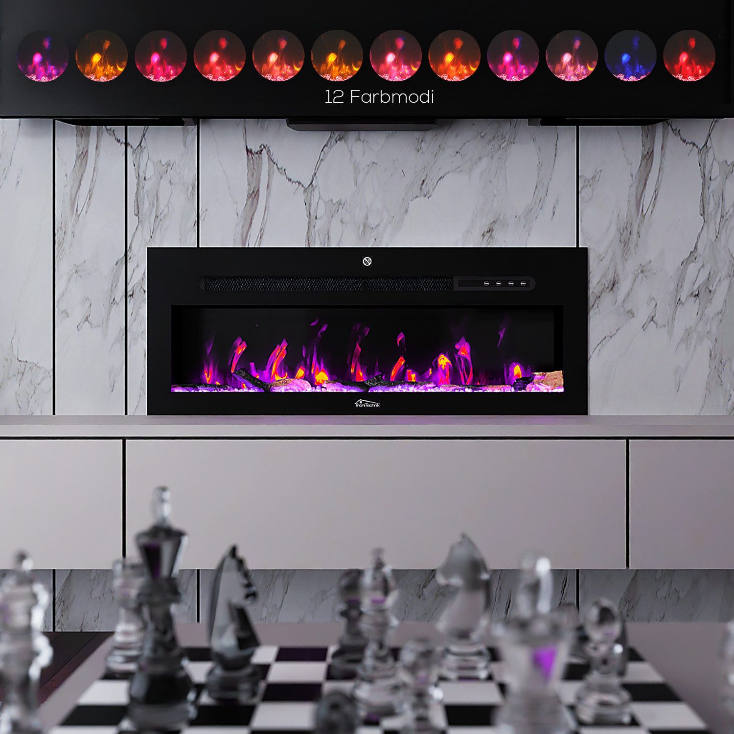 TroniTechnik Elektrokamin Wandkamin elektrisch 900/1800W, LED Flammeneffekt, App, Timer, schwarz, Elegant, platzsparend, dekorativ nutzbar, smart steuerbar, zuverlässig