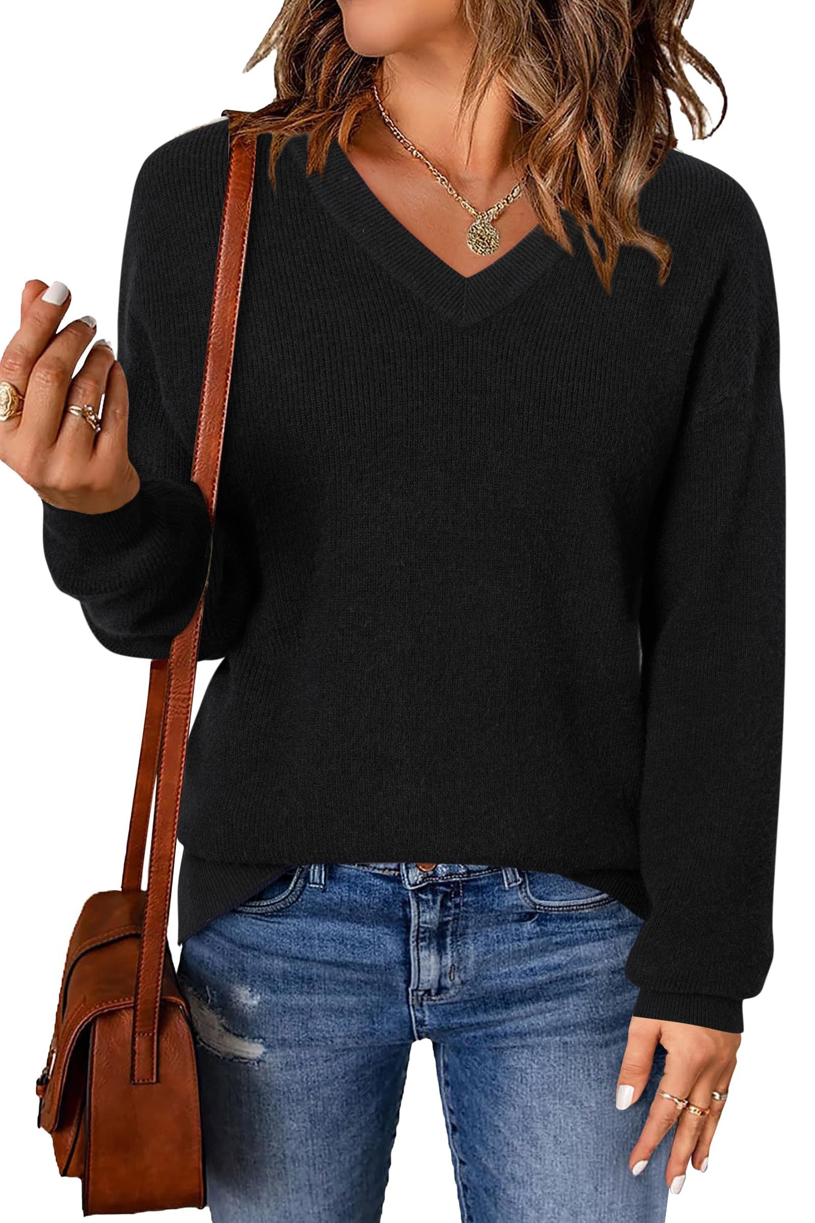 Arach&Cloz V-Ausschnitt-Pullover Damen-Pullover aus Wollmischung, Langärmliger Strickpullover Basic Sweater Leicht Locker Strickpulli Herbst Winter Warm