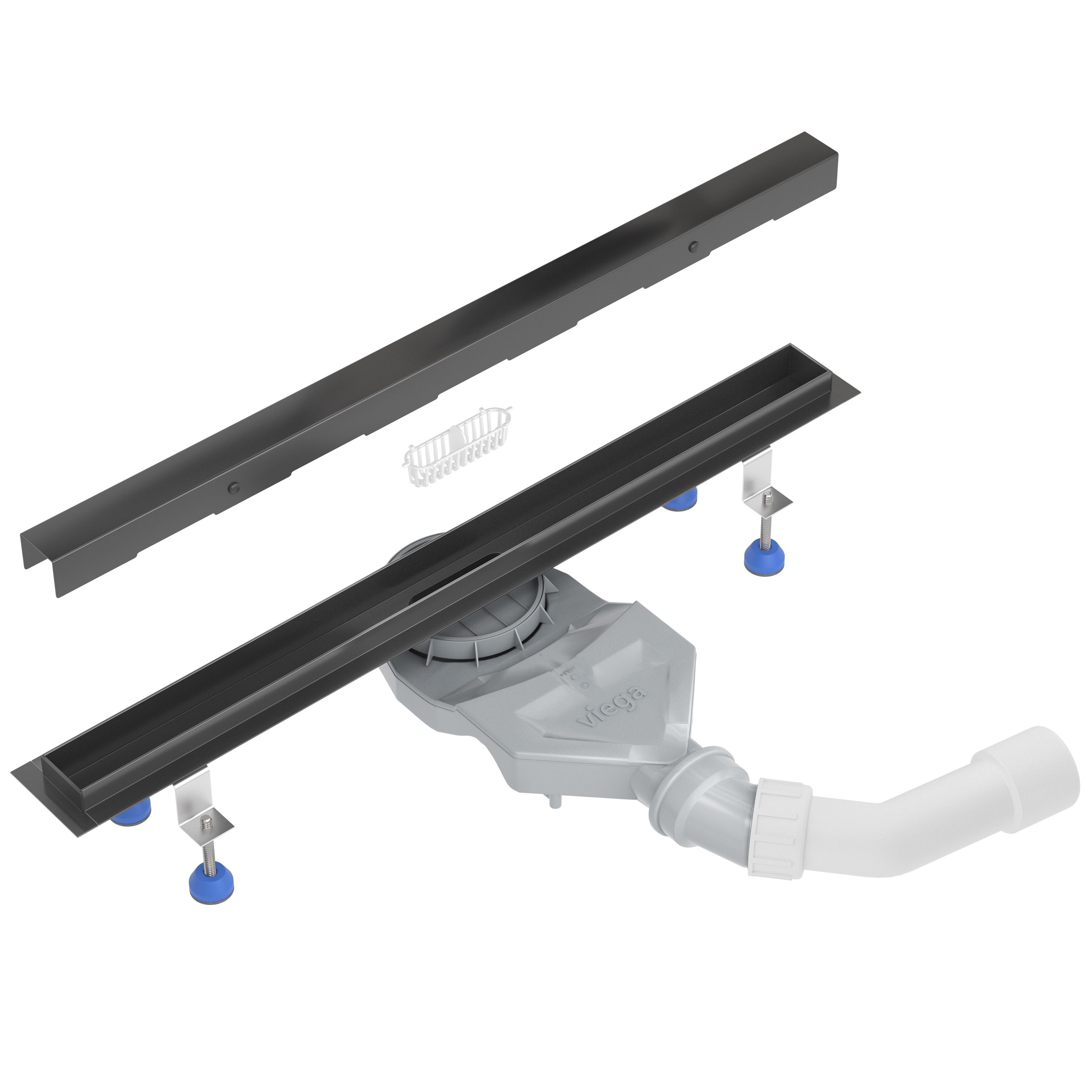 Aquabad® Duschrinne Slim Edelstahl Schwarzmatt, Haarsieb, Viega-Siphon, Komplett-Set, Farbe: Schwarz Matt