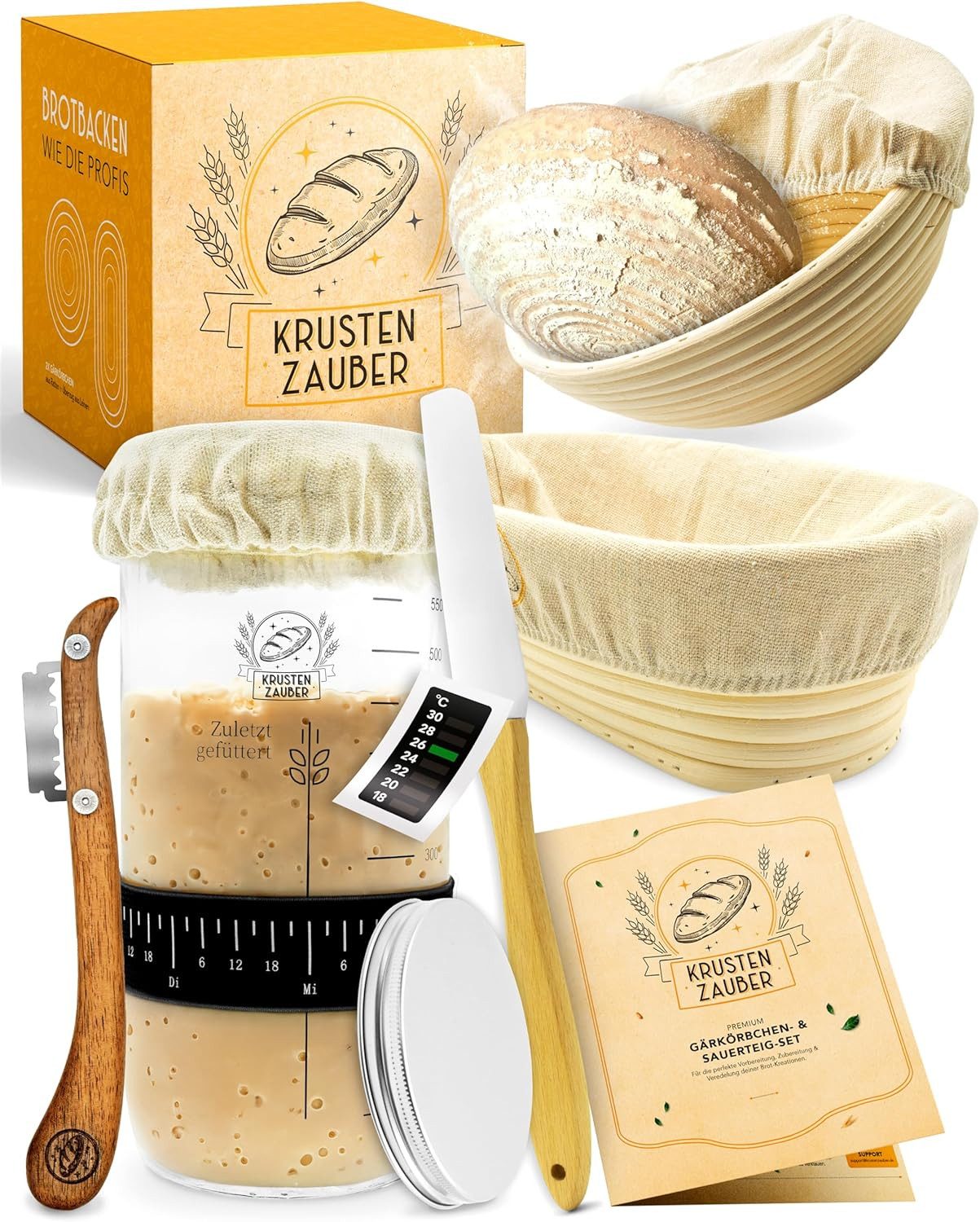 Krustenzauber Gärkorb Brot Backen Zubehör - Einzeln oder im Set - Gärkorb, Bäckermesser etc