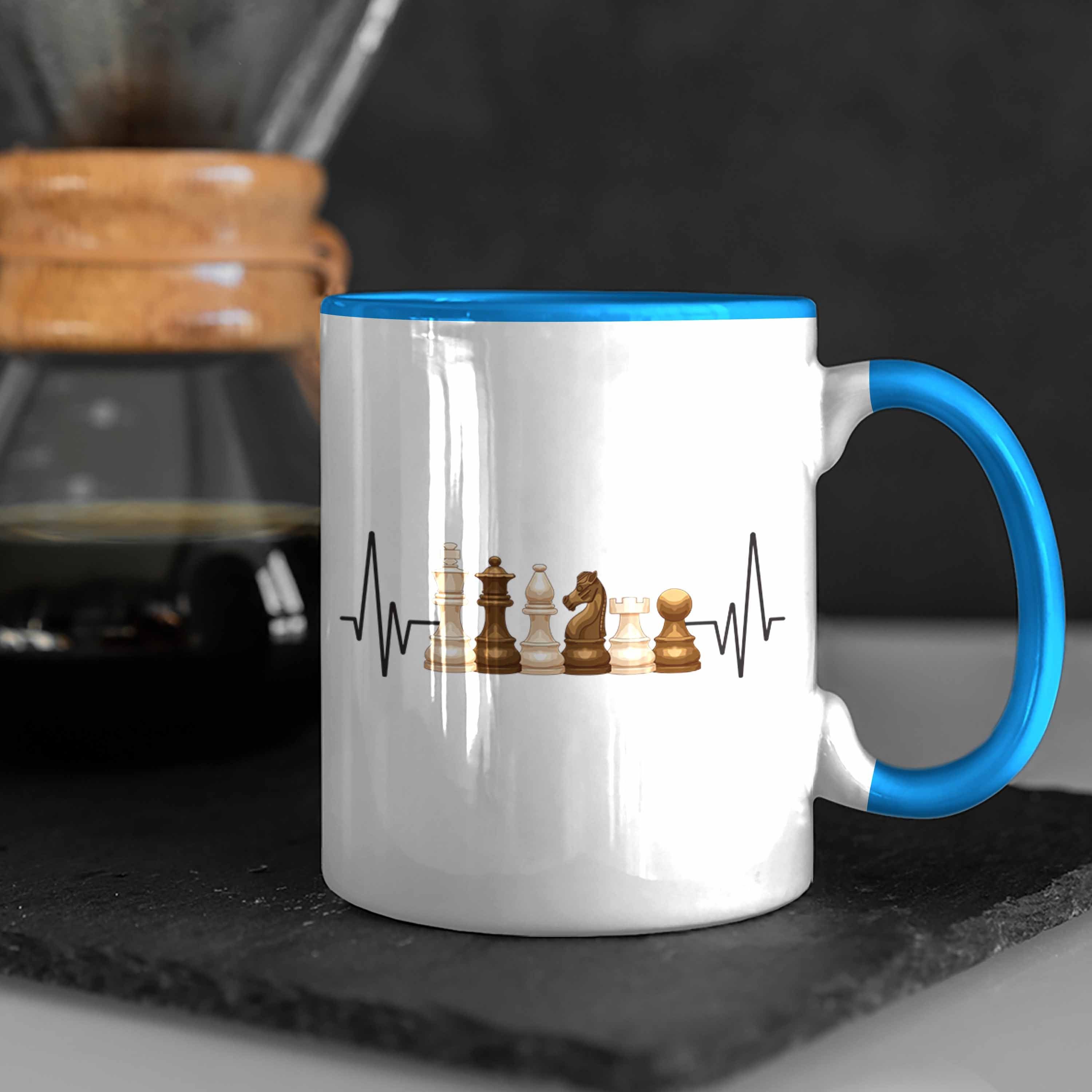 Trendation Trendation Geschenk Tasse Blau für Tasse Schach Herzschlag Schachspieler Hobby -