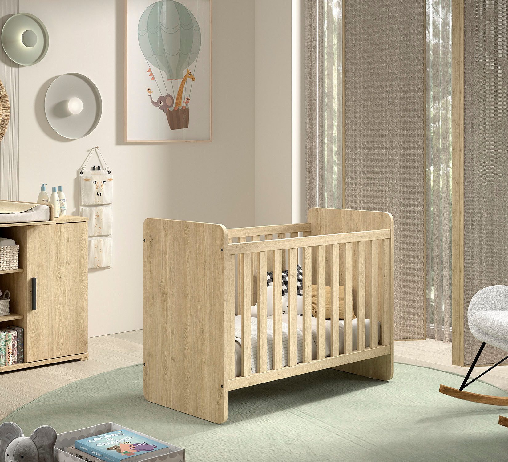Vipack Babybett SAM 60/120 cm, später umbau bar zum Juniorbett 90/200 cm, 3-fach verstellbarer Lattenrost beim Babybett, Eiche Dekor Oberfläche