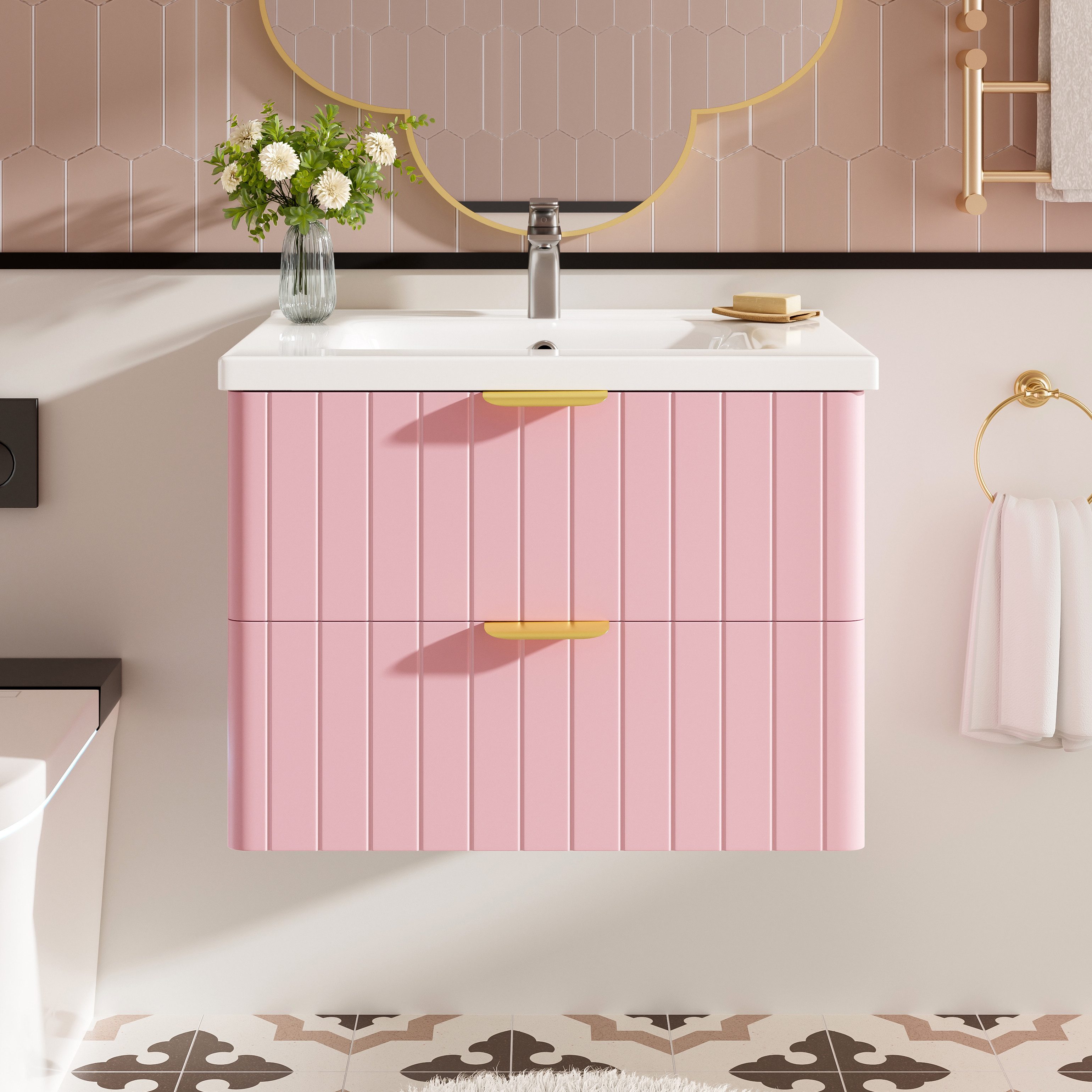 Merax Waschbeckenunterschrank hängend, mit Keramik-Waschbecken, 2 Schublade (1-St., Waschtisch, Kleiner Badezimmerschrank) 60,5x47,5x47 cm, Rosa
