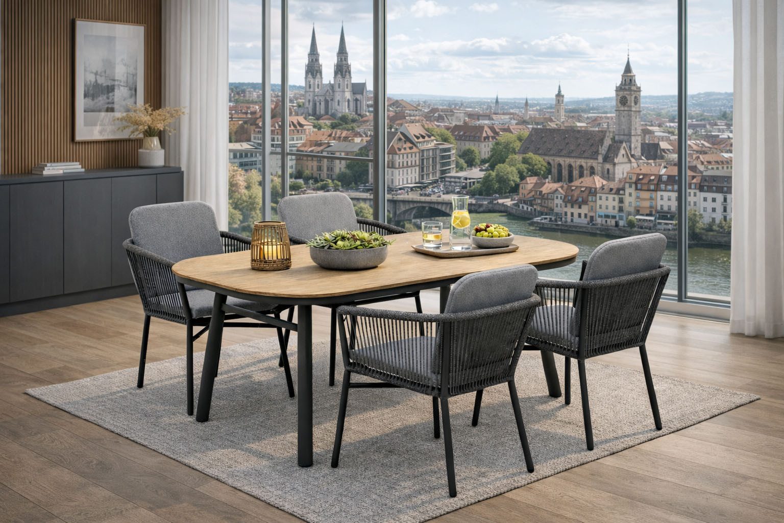 Destiny Garten-Essgruppe LIMONE SAN MARINO 4 Se + Tisch OV 180x90cm, holzf./ grau, (Set, 5-tlg., 4 Stapelsessel inkl. Polster, 1 Tisch), Aluminium, Rope, Polywood