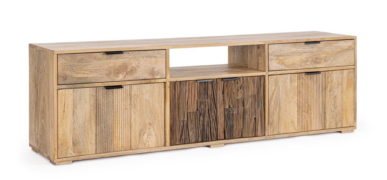 Feeling4Home TV-Board Nashik aus Mangoholz, 175 cm, Türen: 2x Mangoholz, 2x recyceltes Holz, mit Magnetverschluss
