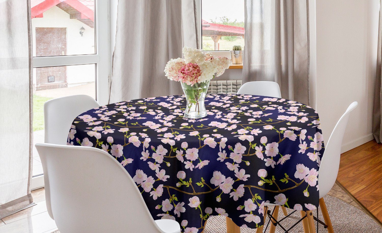 Abakuhaus Tischdecke Kreis Tischdecke Abdeckung für Esszimmer Küche Dekoration, Blumen Blooming Sakura-Natur-Kunst