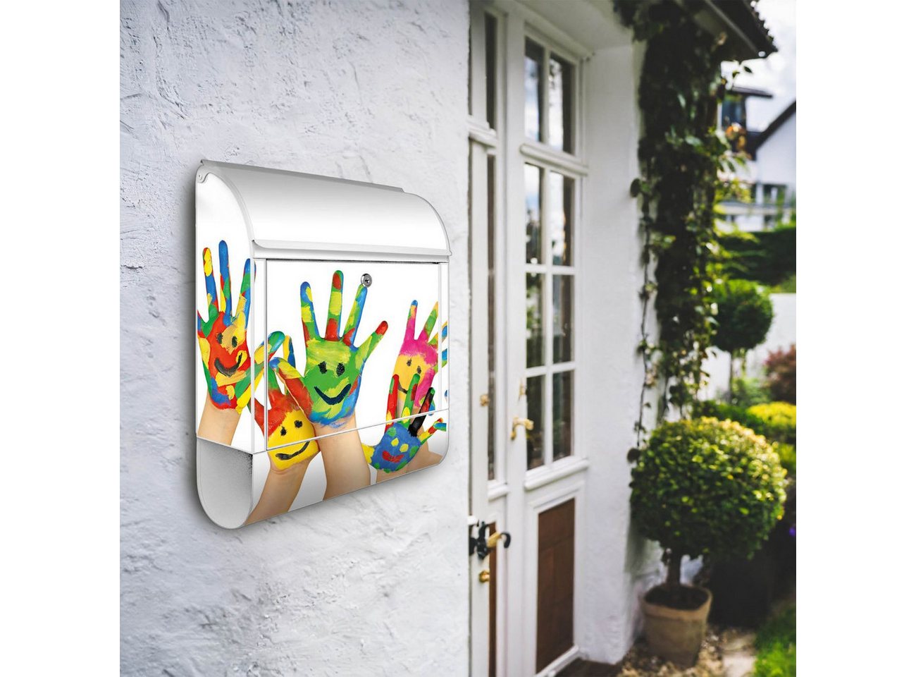 Thumbnail - banjado Wandbriefkasten Stahl Happy Hands (Wandbriefkasten witterungsbeständig, pulverbeschichtet, mit Zeitungsfach), 39...