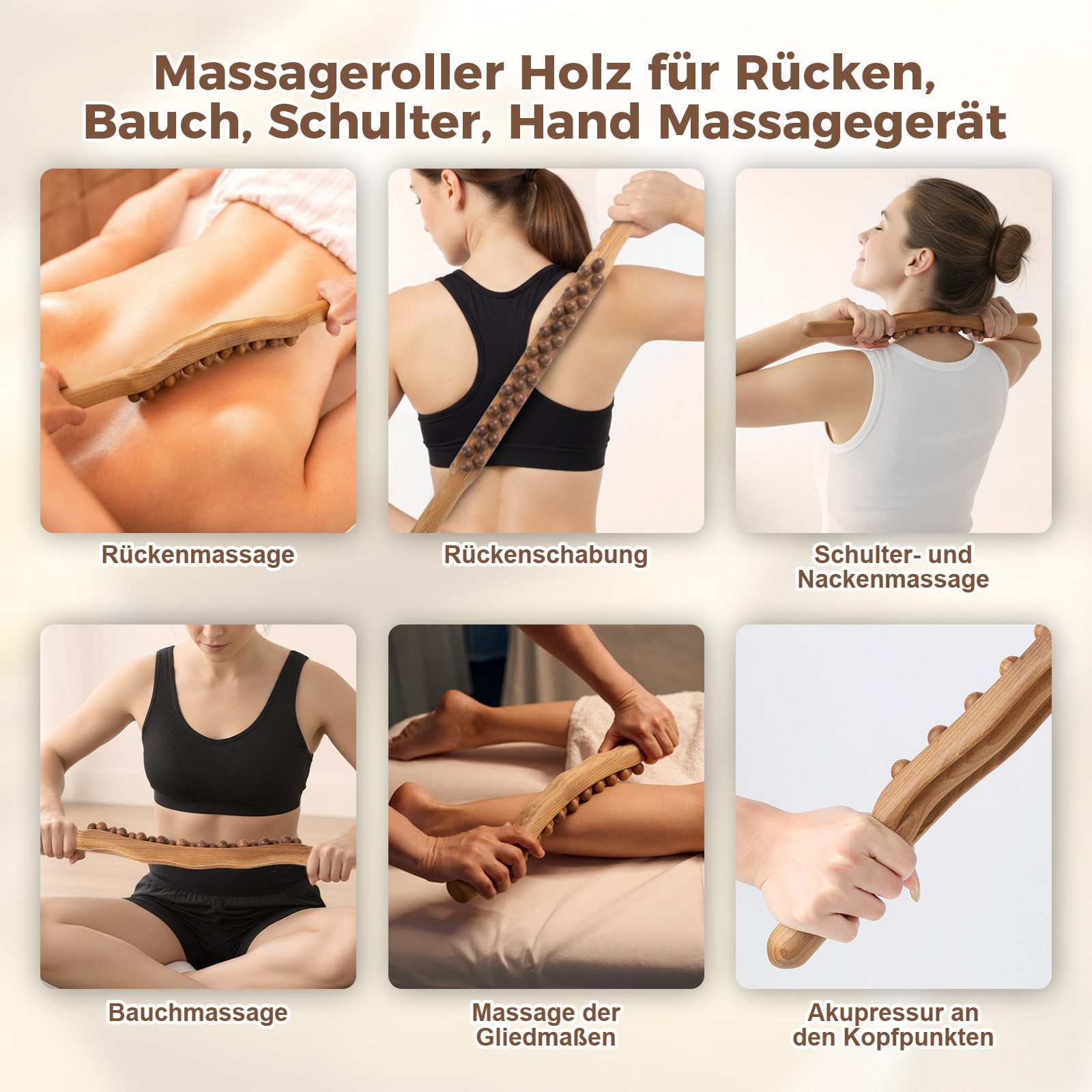 QUBEBU Nacken-Massagegerät Holz-Gua-Sha-Massageroller 31 Perlen, 58cm, Nacken- & Körpermassage, Für Muskelentspannung Massage Nacken Rücken Bauch Beine Arme 1-t – Bild 4 von 5