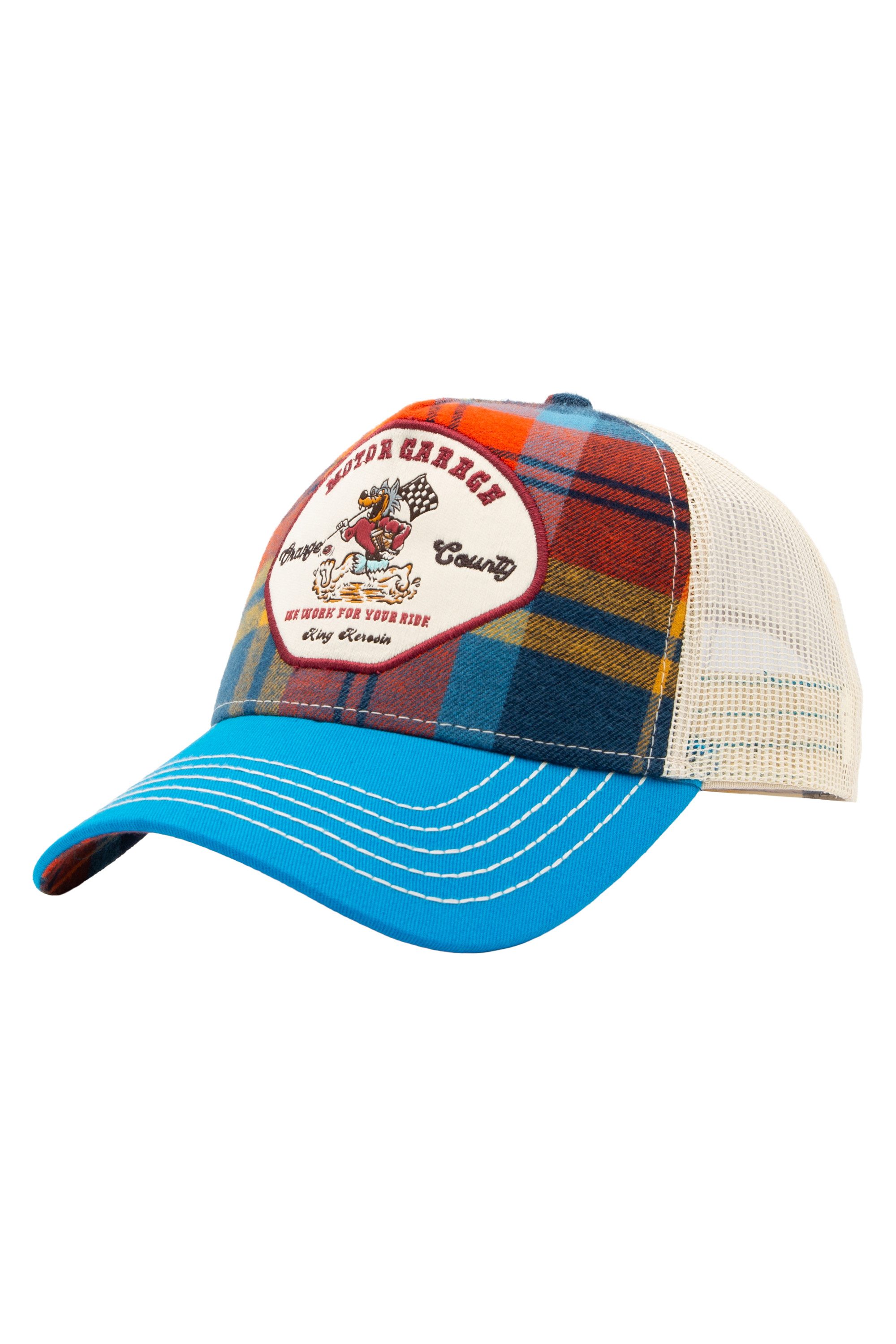KingKerosin Trucker Cap Motor Garage Front im Karomuster mit gesticktem Werkstatt-Patch
