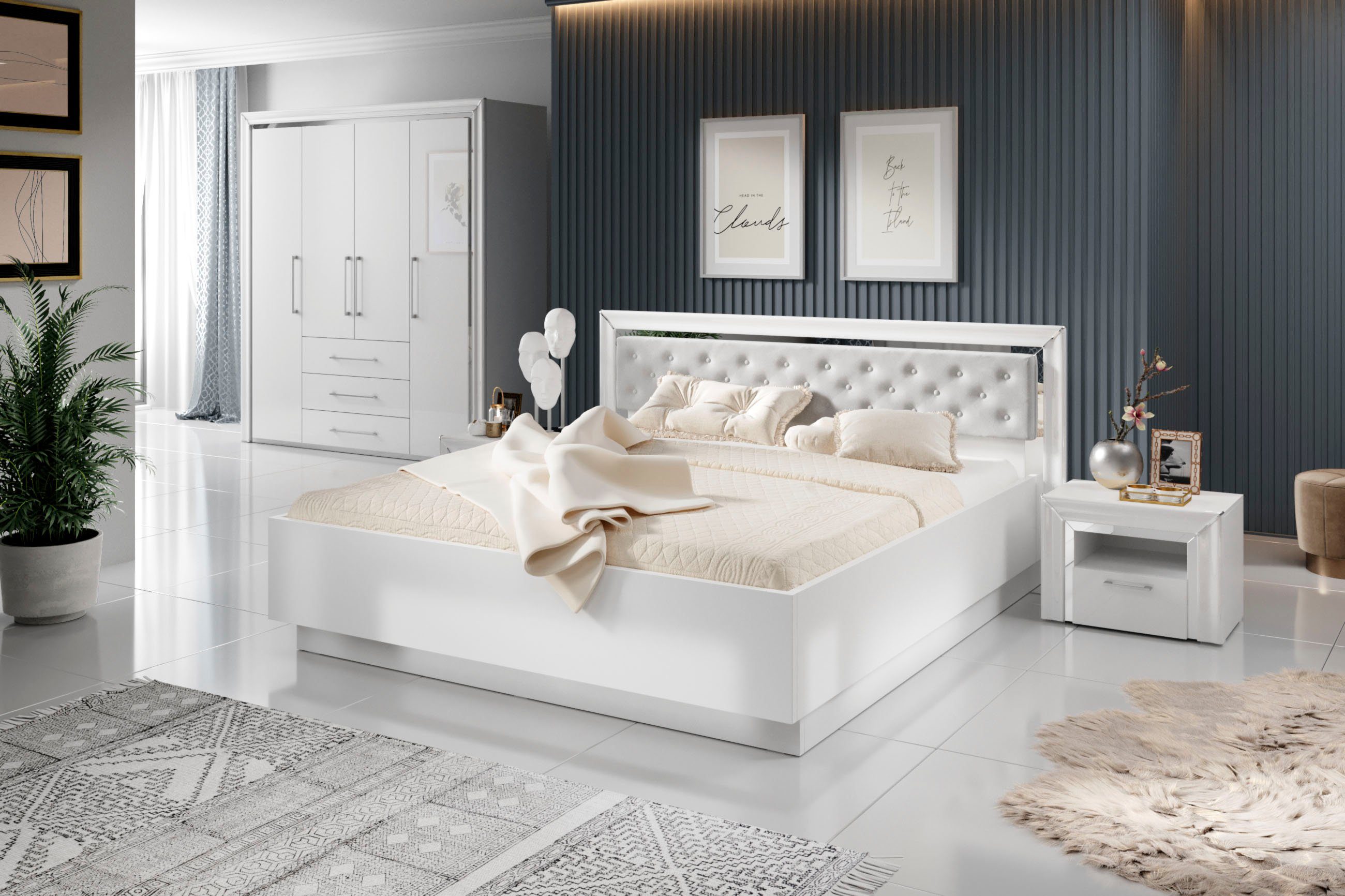 Hochglanz-Front weiß Schlafzimmer-Set mit (4-St), Spiegelfolie Arno, silber-oder Leonique goldfarbener