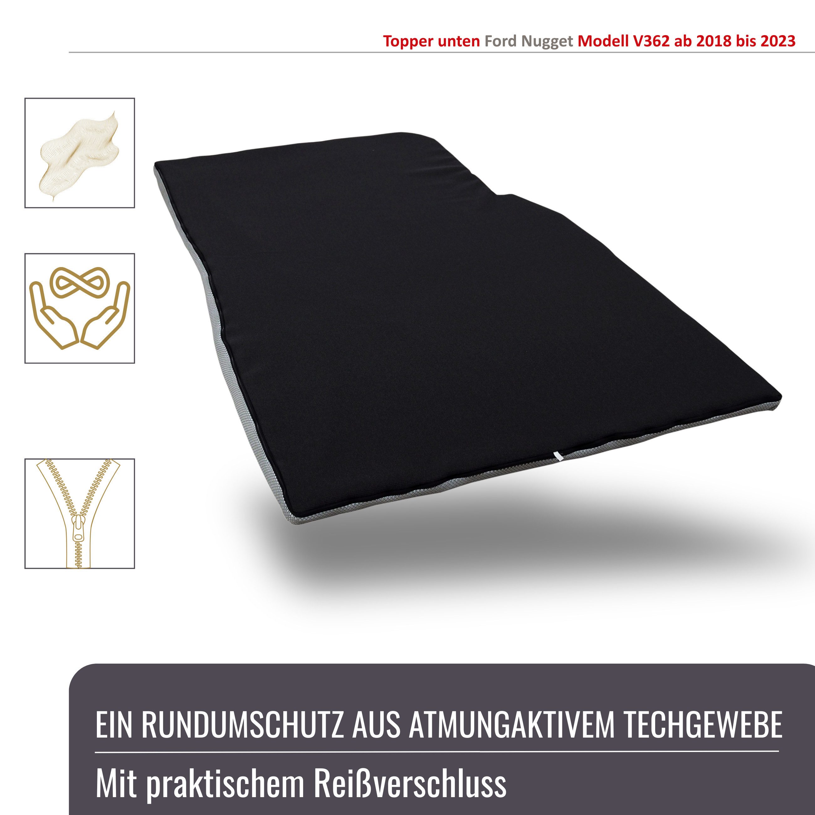 Kaltschaummatratze Topper unten Ford Nugget Modell V362 ab 2018 bis 2023 OEKO-TEX® Grau, BLACK FOREST FOX, HR-Kaltschaum HR40036