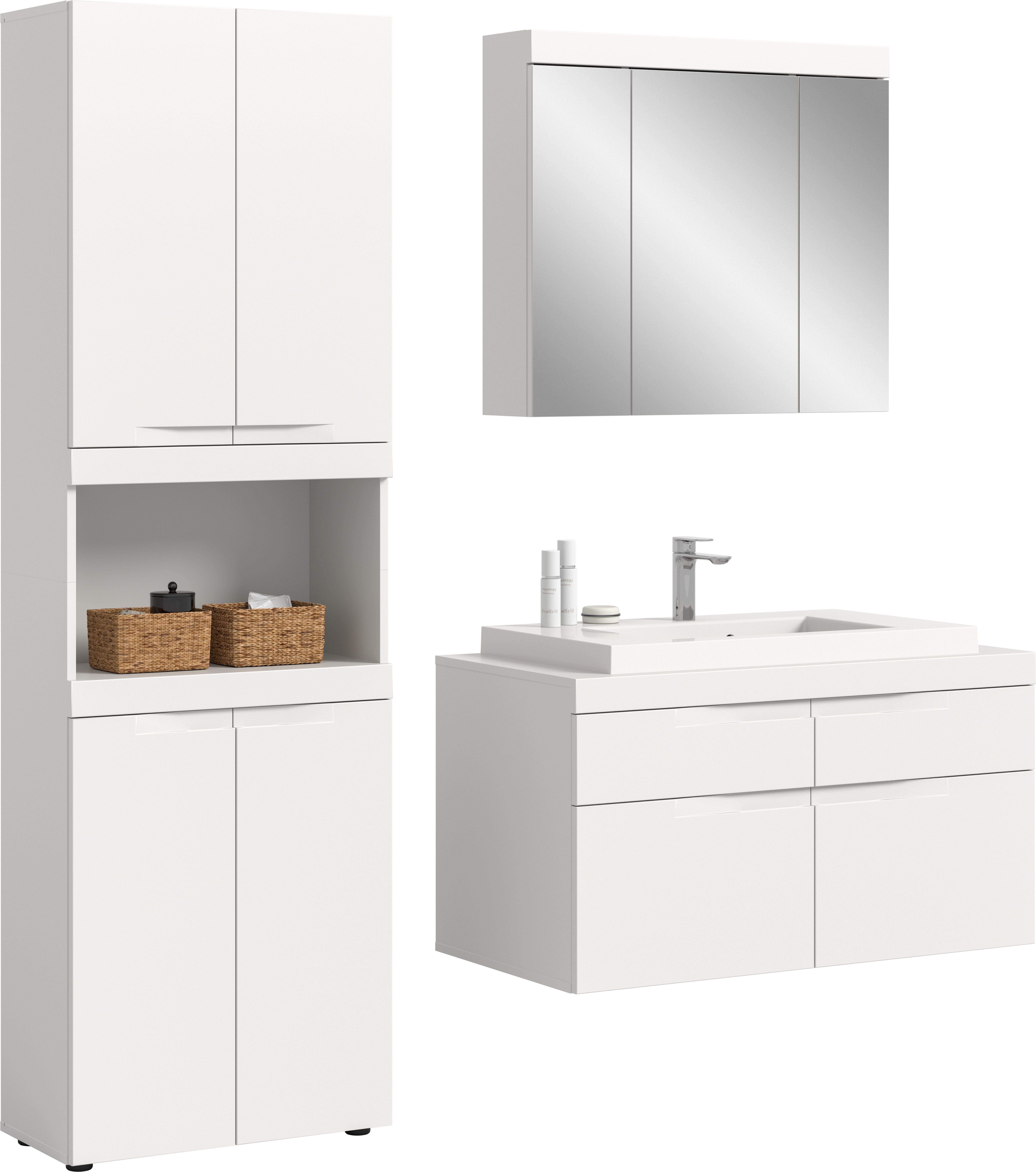 OTTO home Badmöbel-Set MAOI, 3-teilige Badkombination, hochwertige MDF Front, (1xHochschrank, 1xSpiegelschrank, 1xWaschtisch inkl. Aufsatzwaschbecken), Bad-Kombination, Bad-Möbel, Badezimmer, Kombination, Kombi