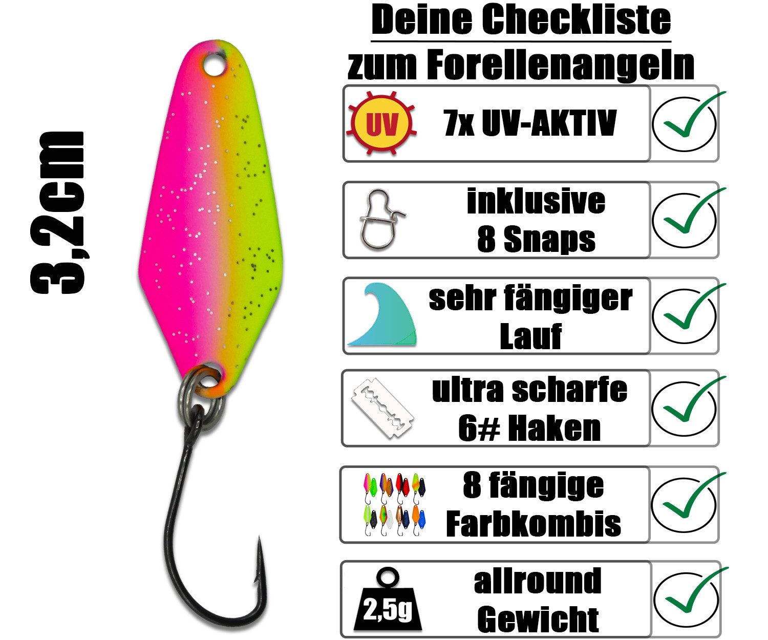 Paradox Fishing Kunstköder Neon Forellen Spoon Set 2,5g 8 Stück, (Forellenköder), UV-Aktiv inkl. Snaps – Bild 2 von 5