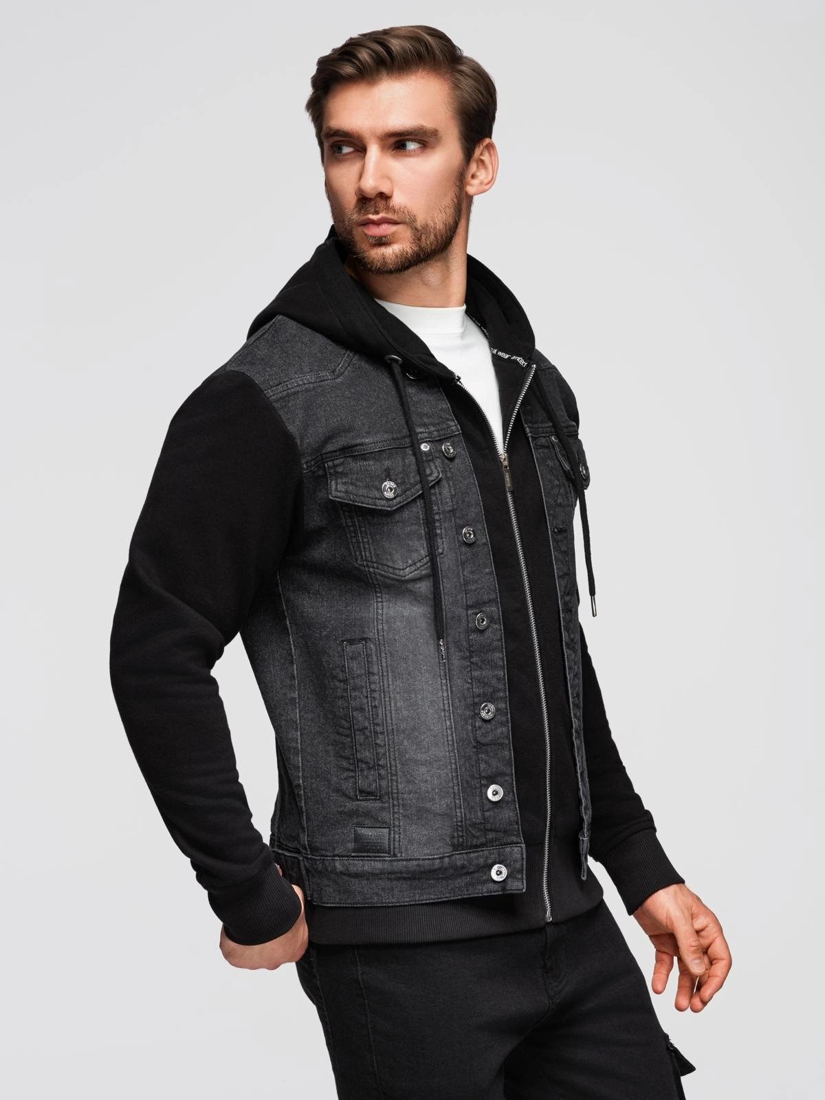 OMBRE Jeansjacke Herren-Jeansjacke mit Strickärmeln und Kapuze günstig online kaufen