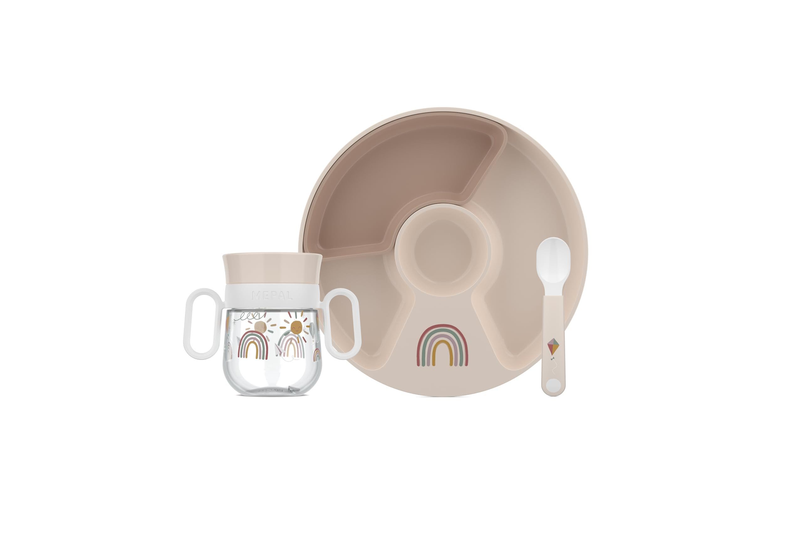 Mepal Kinderbesteck Babygeschirr Set Mio, 3-teilig, mit Trinklernbecher, Teller, Löffel, Spülmaschinengeeignet, BPA frei, Sunshine & Rainbow Design