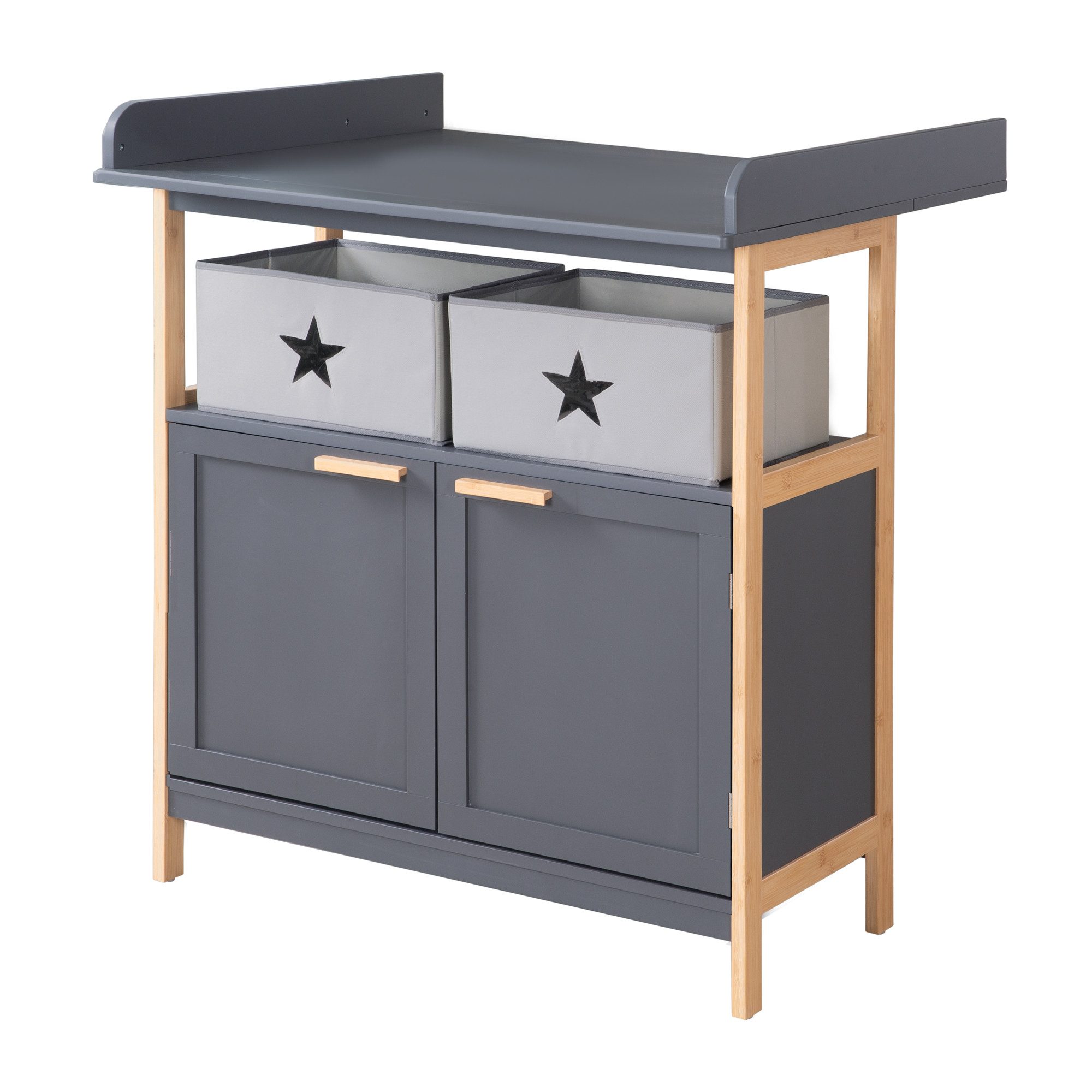 roba® Wickelkommode Berlin - Rahmen + Griffe aus Bambus Holz - Anthrazit, inkl. abnehmbarem Wickelaufsatz - Wickeltisch mit 2 Türen & Stoffboxen