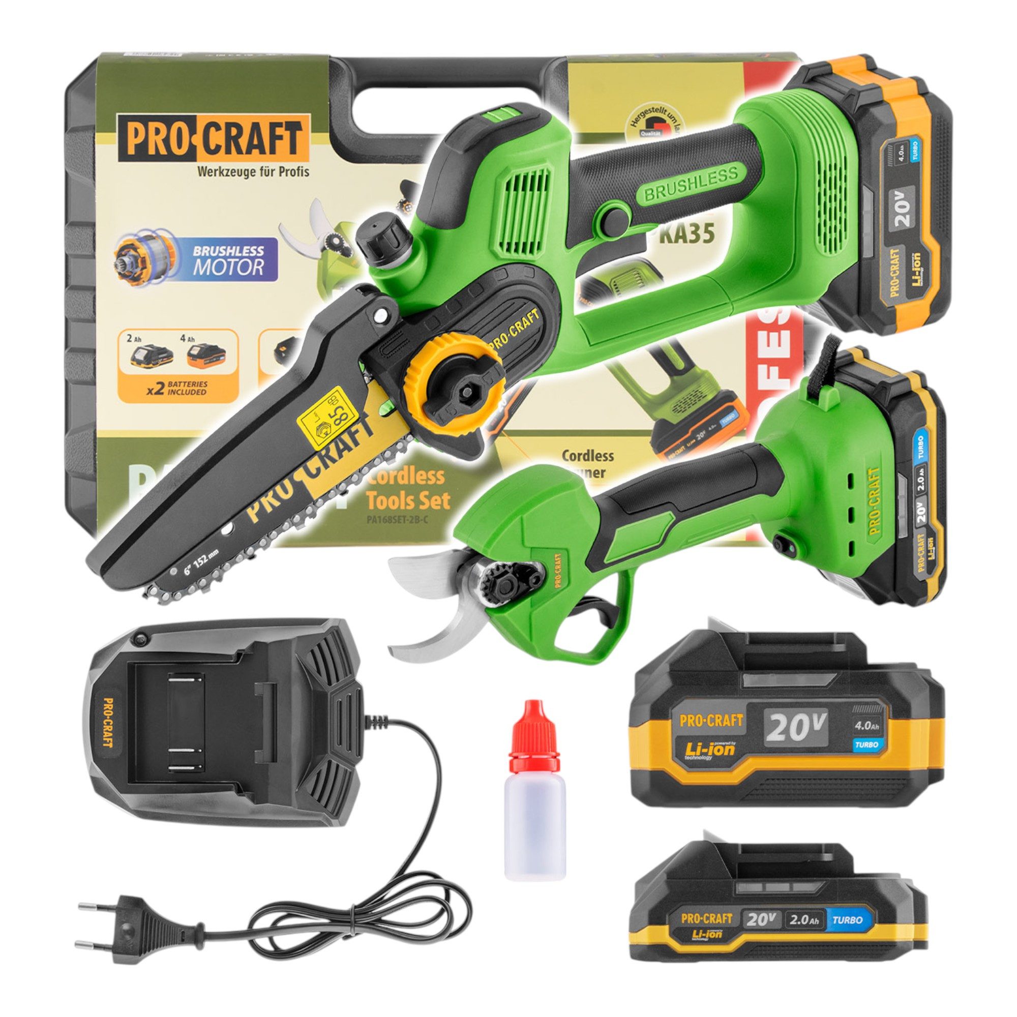 PRO CRAFT Akku-Kettensäge PA168SET Akku Gartengeräte Set 20 V PKA35Li Akku Mini Kettensäge