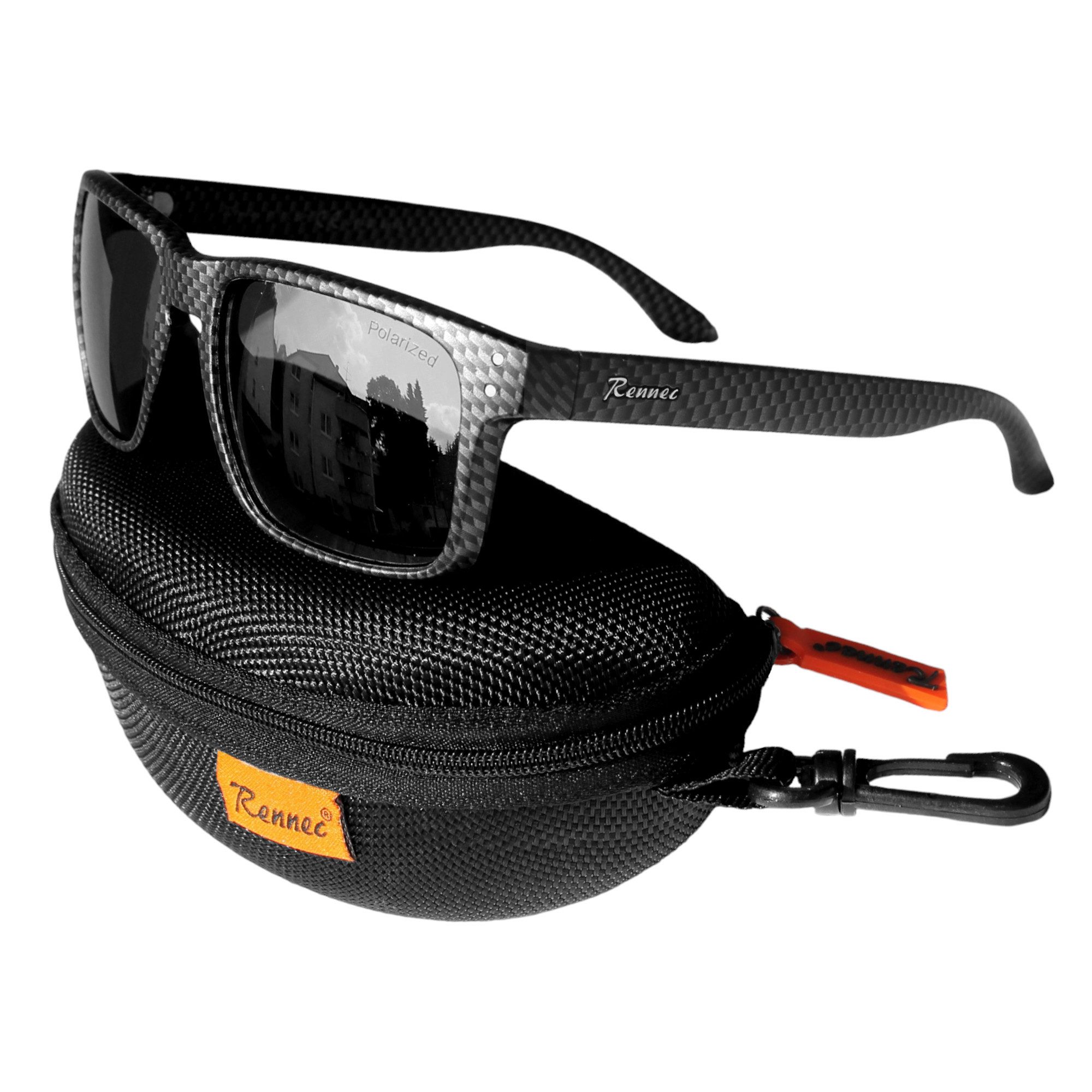 Rennec Sonnenbrille (Marken Sonnenbrille Herren Rechteckig Verspiegelt mit Hardcase) Polarisierte Gläser, Edelstahl Bügelgelenke, Carbon Optik