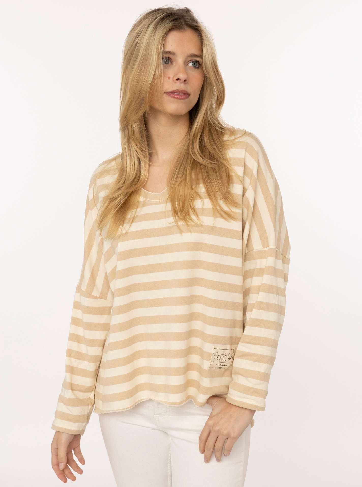 Zwillingsherz T-Shirt "Streifen & Jersey" Streifenmuster, V-Neck, offene Kanten für Used Look