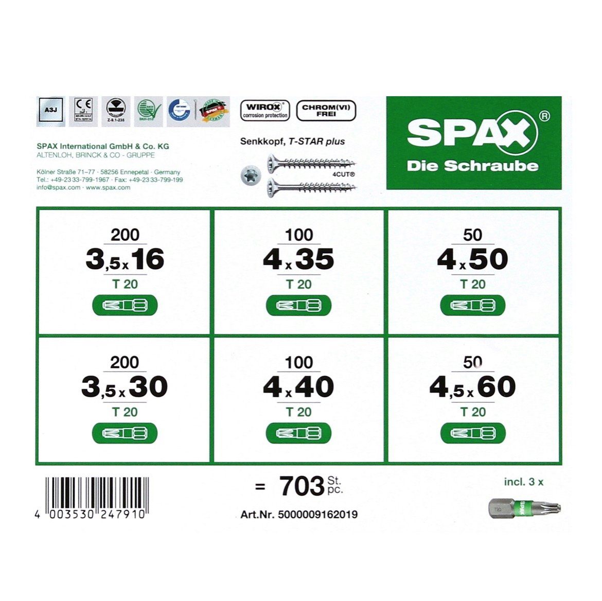 SPAX Schraube Montagekoffer T-STAR Plus Schraubenset 703 tlg. mit 6 Abmessungen WIR